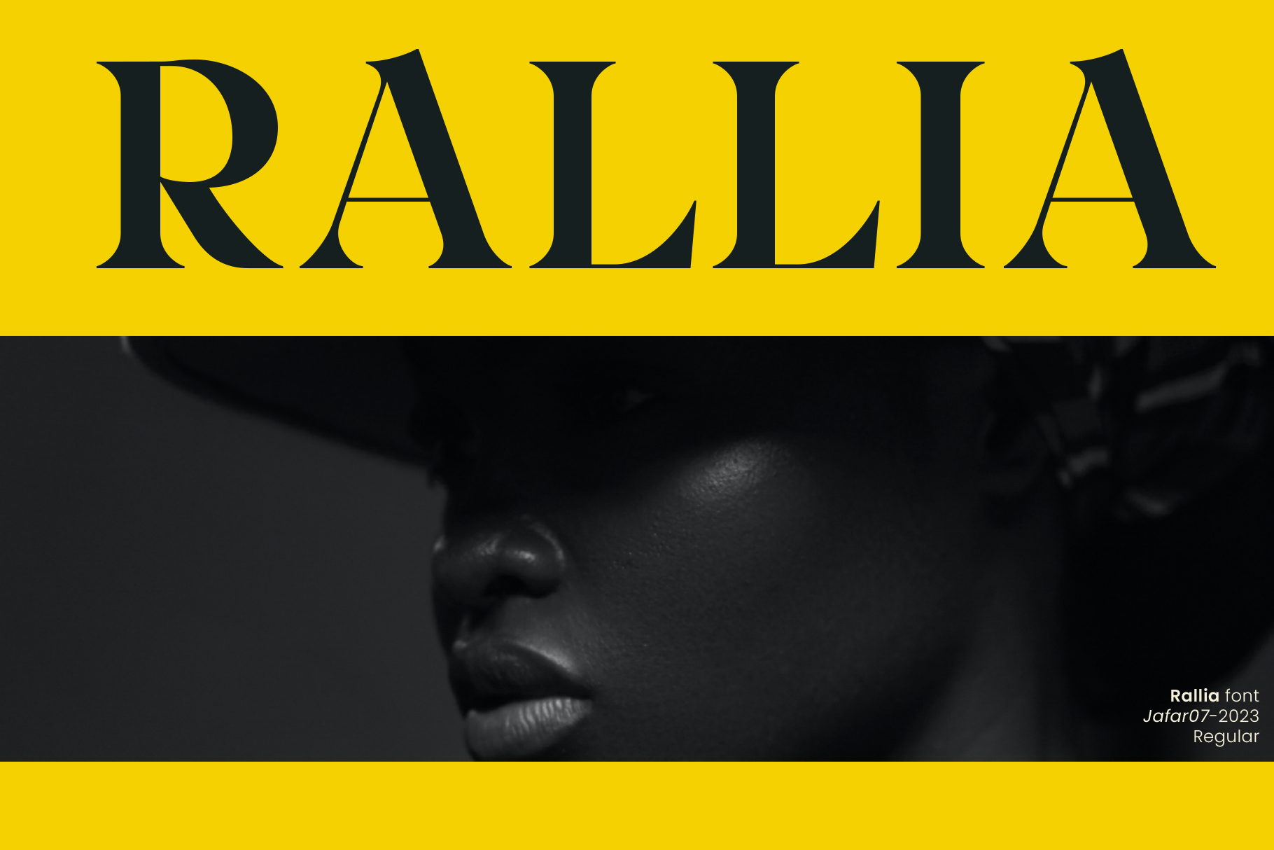 Bold yellow serif font specimen with black and white portrait profile