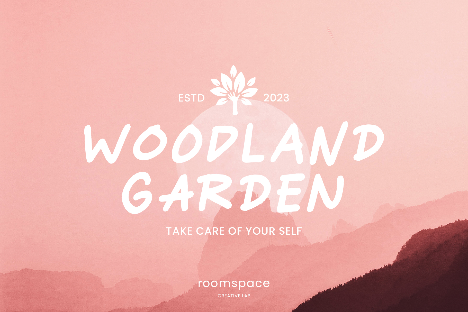 Pink mountain landscape with Woodland Garden logo, estd 2023, take care of yourself tagline