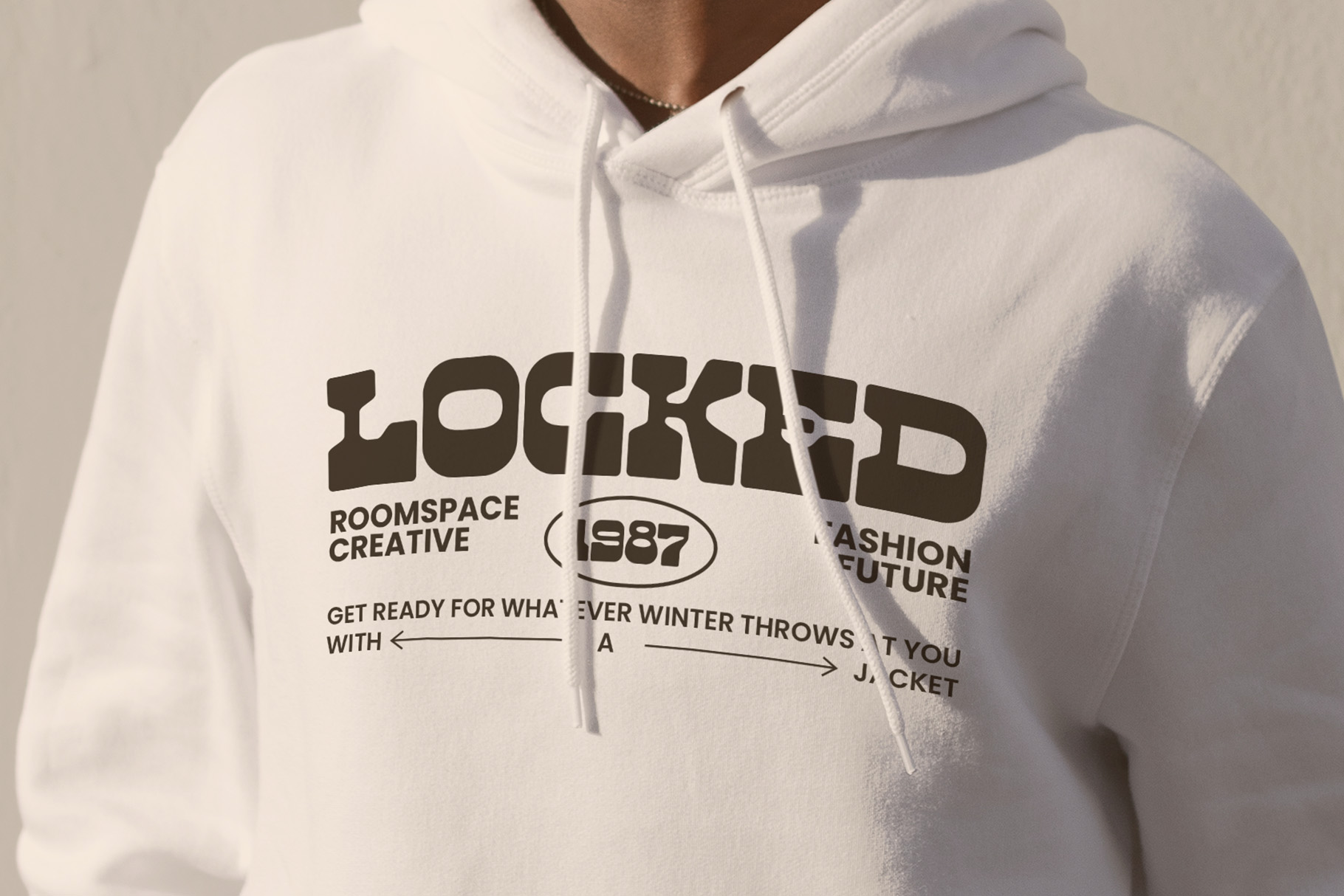White hoodie with lockyard graphic print, streetwear mockup sunlit