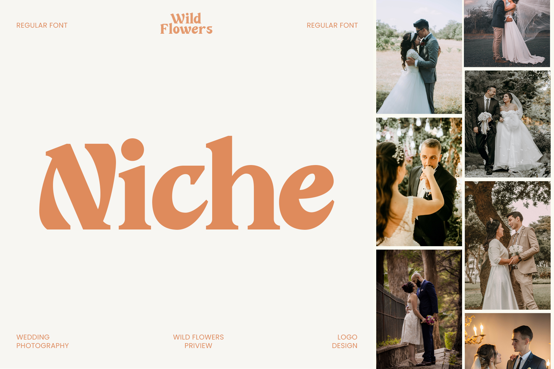 Niche wedding photography collage with couples in natural outdoor settings, serif font design