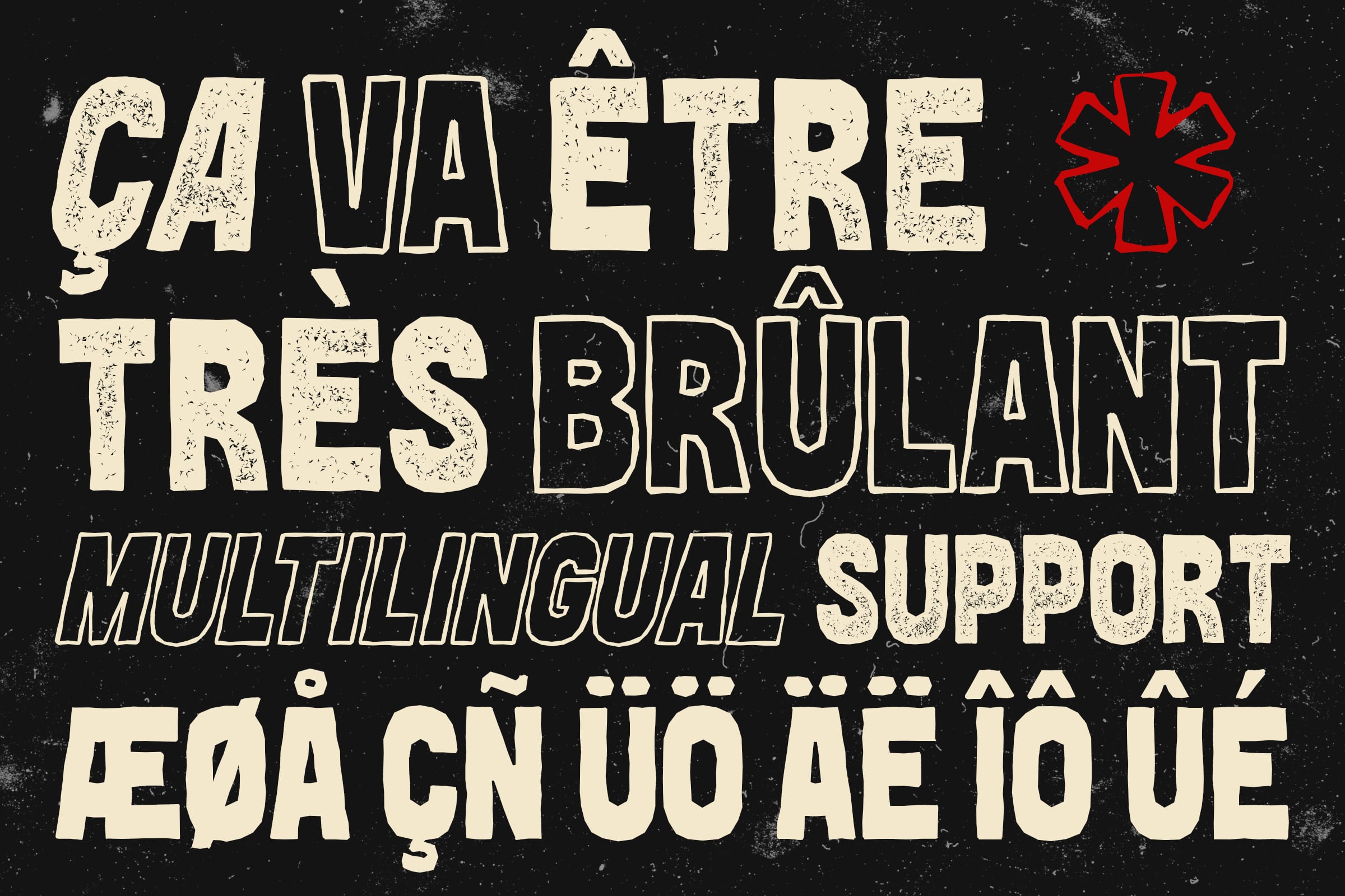 Qava Etre Tres Brulant multilingual support poster with distressed typography
