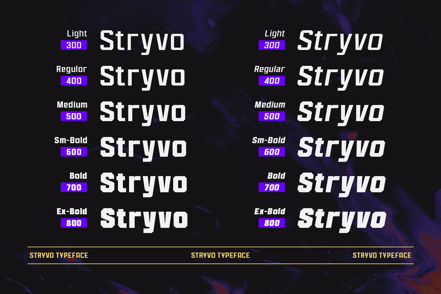 Stryvo typeface weight variations from Light 300 to Ex-Bold 800 displayed side by side with purple badges