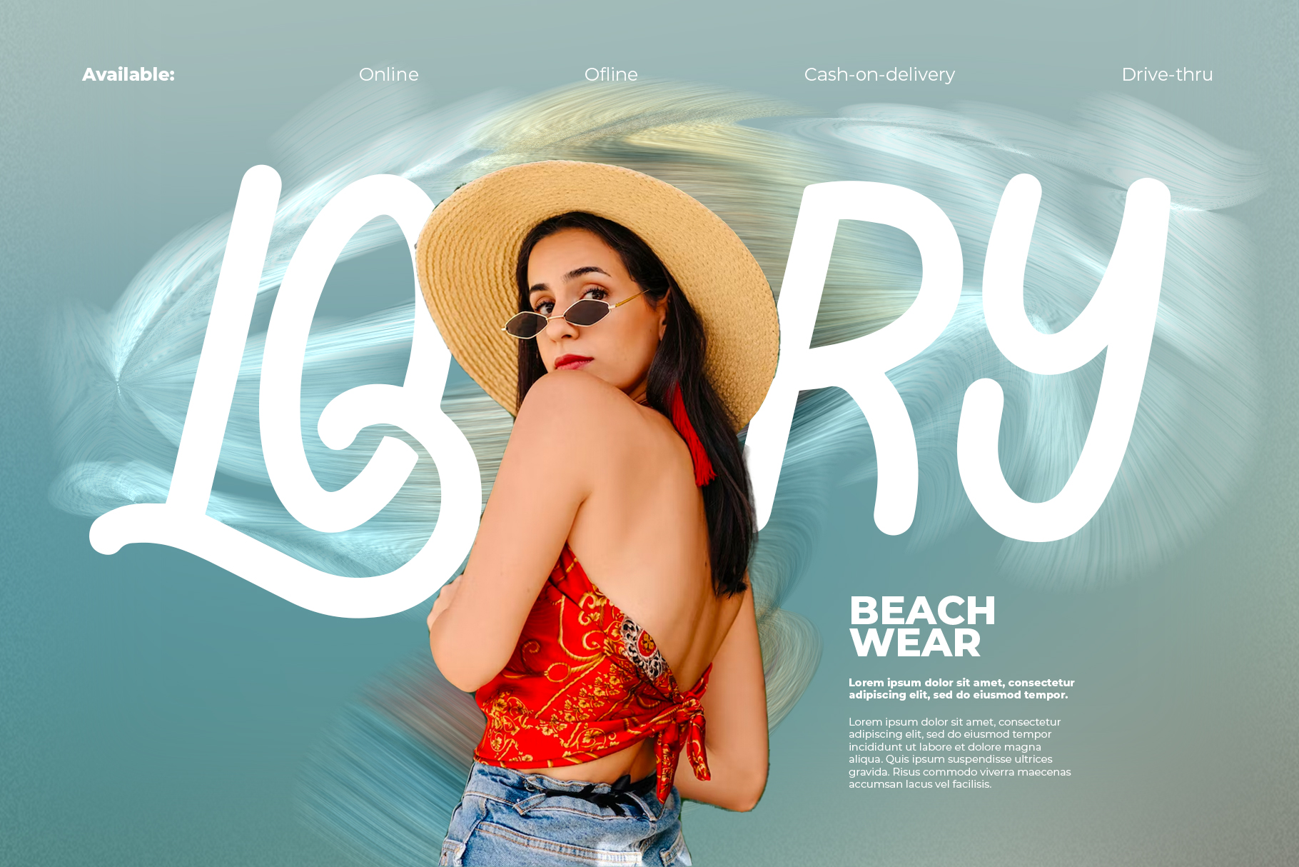 Woman in straw hat, red top, oval sunglasses posing for beachwear promo