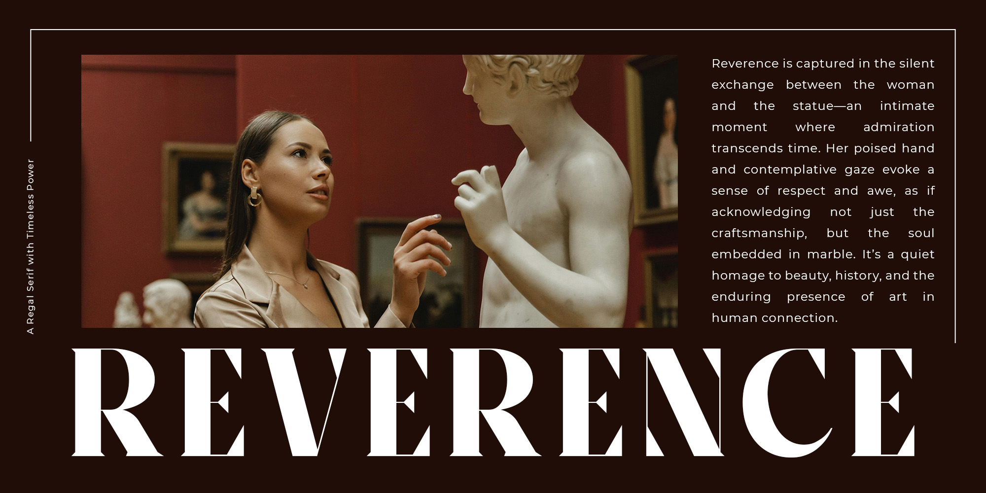 Reverence art gallery layout with woman gazing at classical marble bust in red room