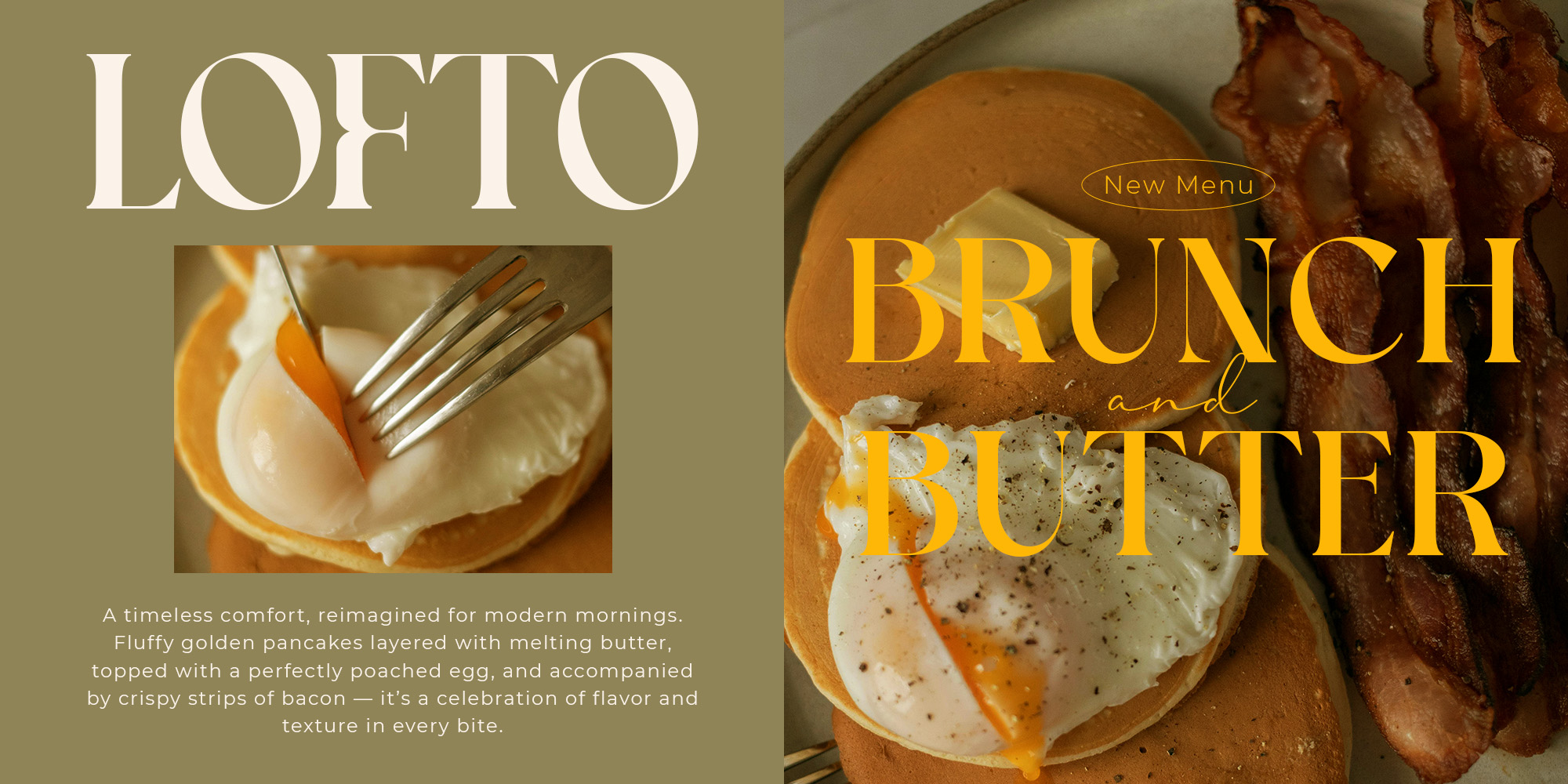 Lofto restaurant brunch menu design in gold type with food photography on sage background