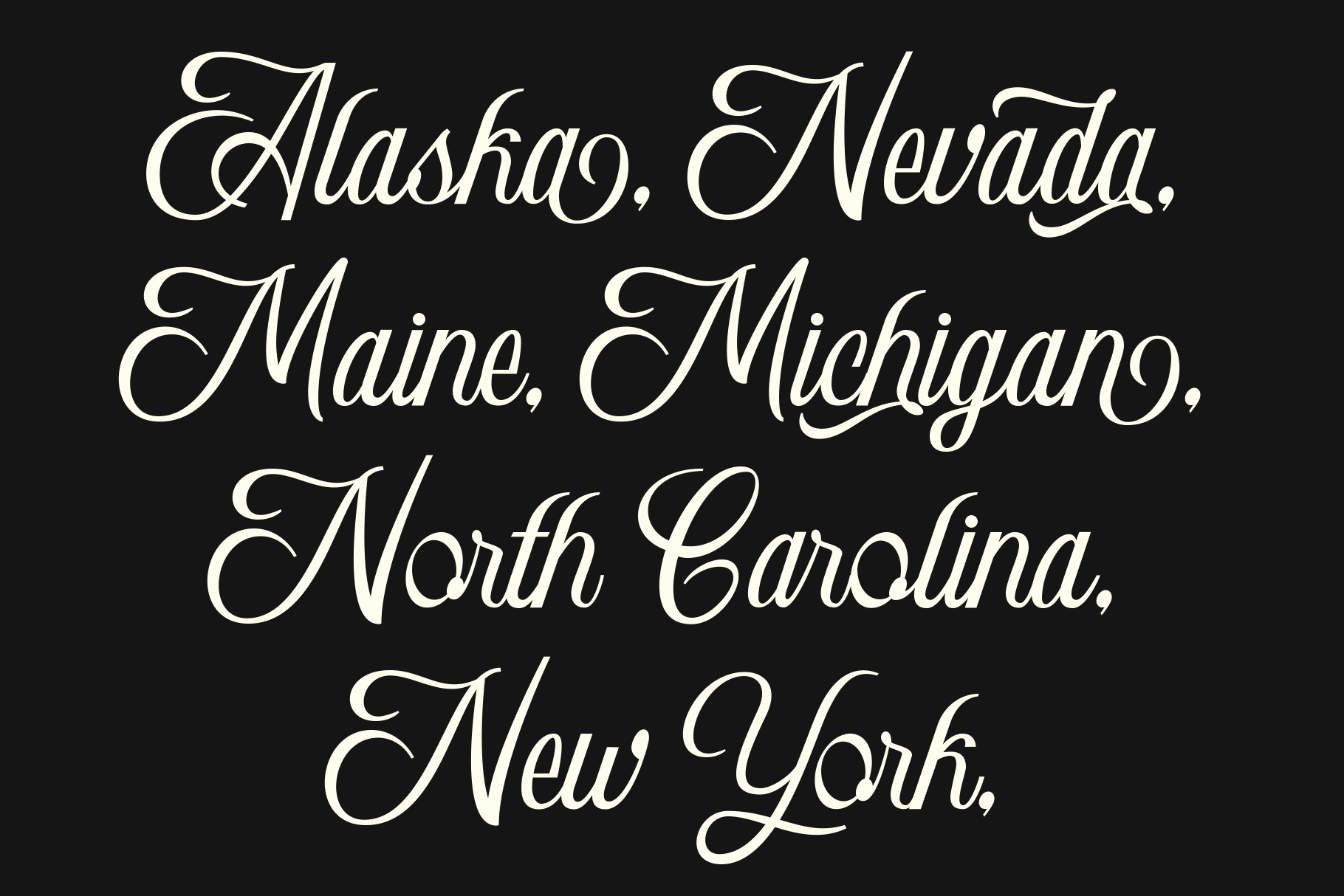 Location names listed in script font Alaska Nevada Maine Michigan North Carolina New York