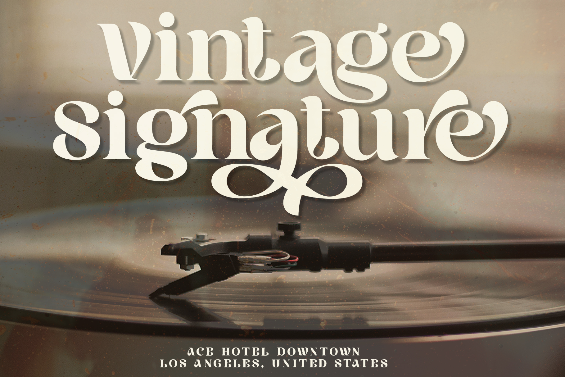 Vintage Signature 3D text on turntable with retro vibe overlay