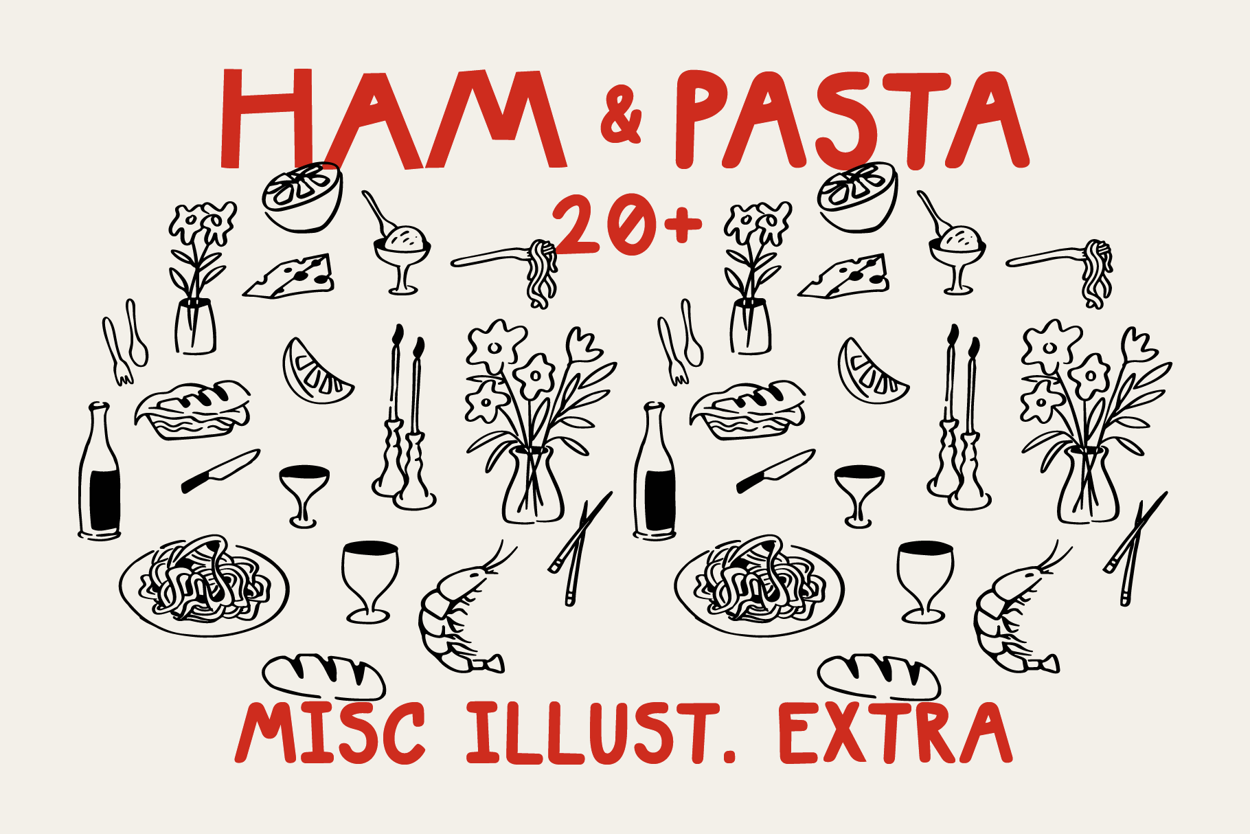 Two identical sets of line illustration icons for ham pasta dining theme with 20 plus elements