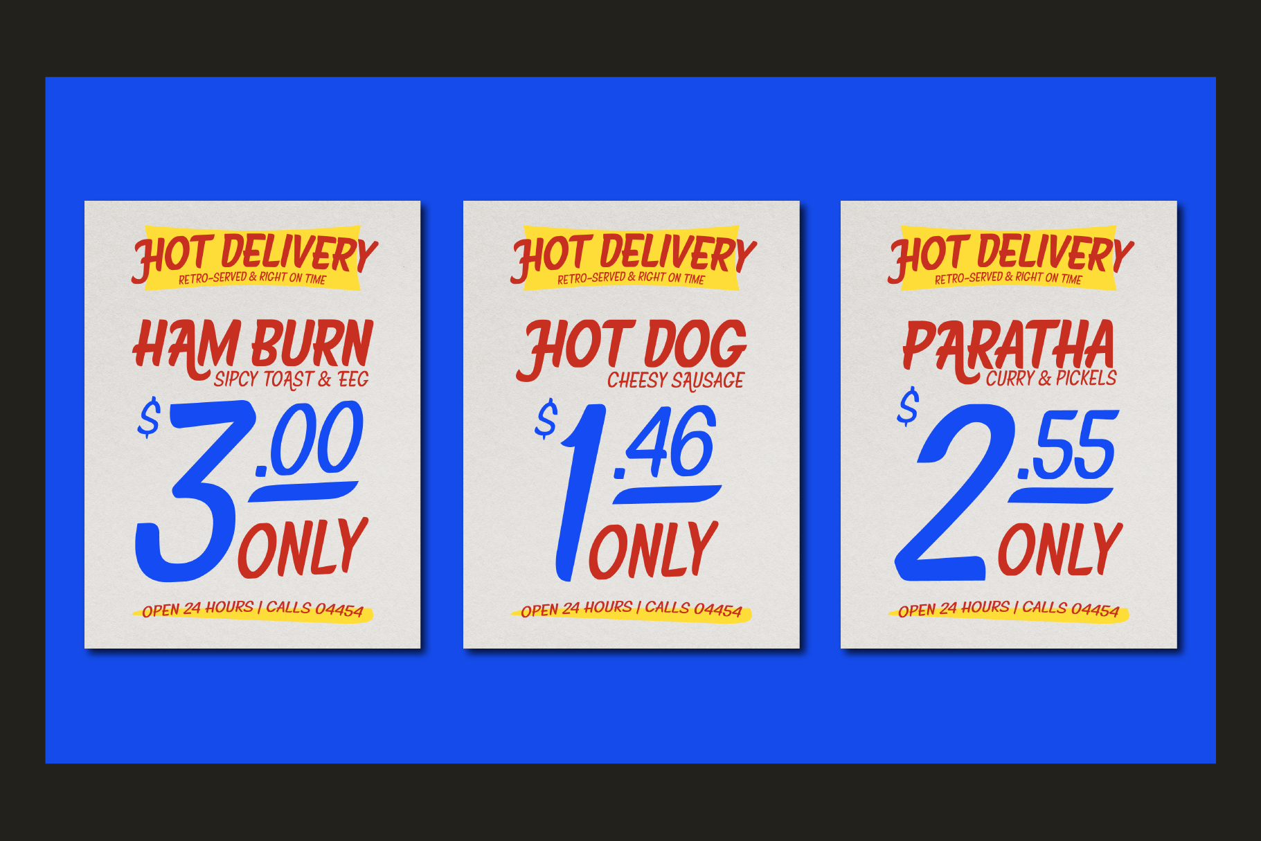 Three vintage-style menu boards on blue background advertising hot delivery items ham burn hot dog paratha with prices