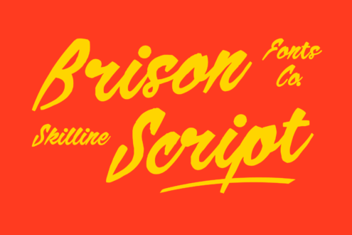 Bright yellow script fonts spelling "Buson" with "Fonts Co" in smaller text above, "Skillline Script" below, all on vibrant red background