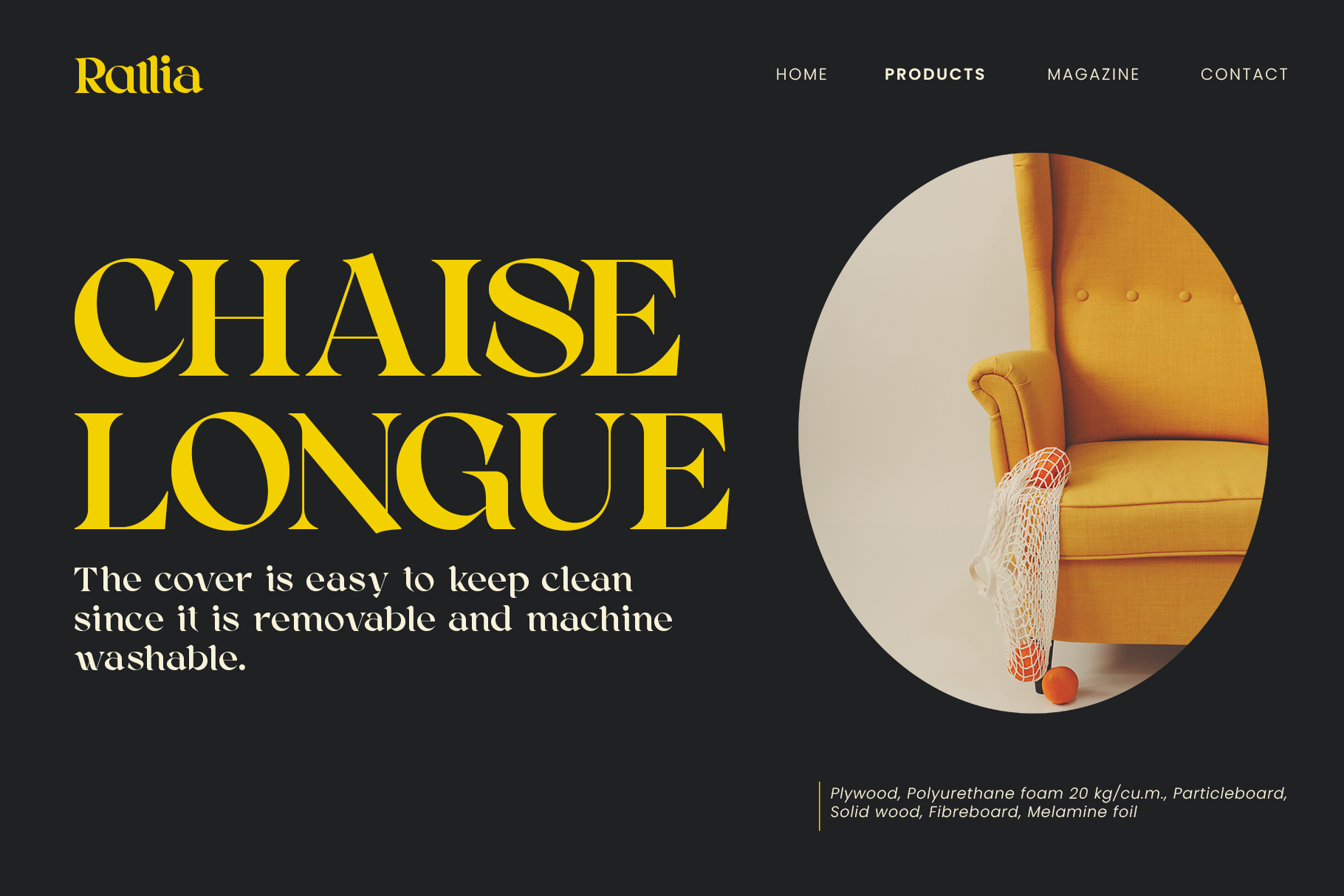 Dark website mockup with yellow serif font on navy, furniture product details