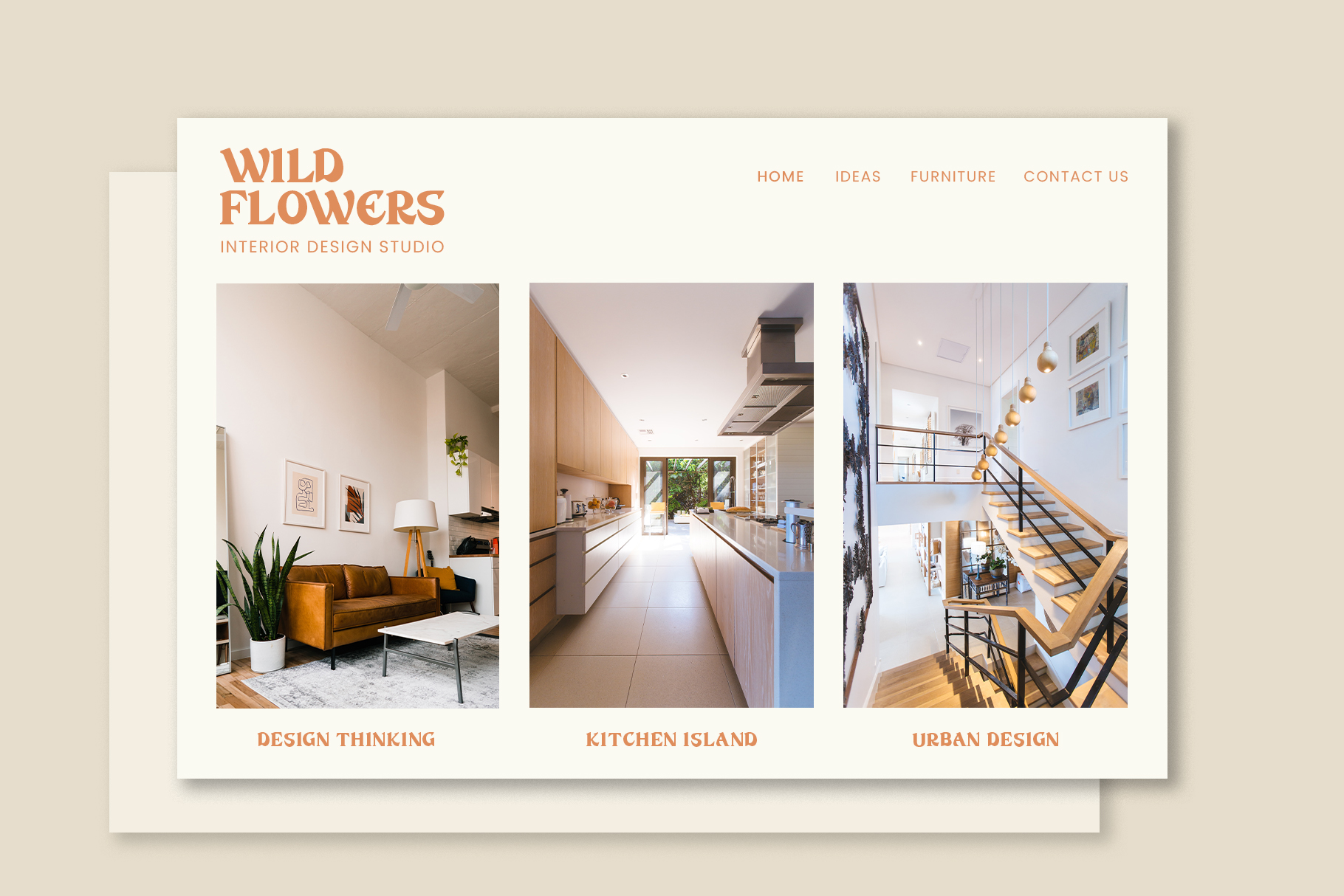 Interior design studio website mockup showing living room kitchen stairs portfolio layouts