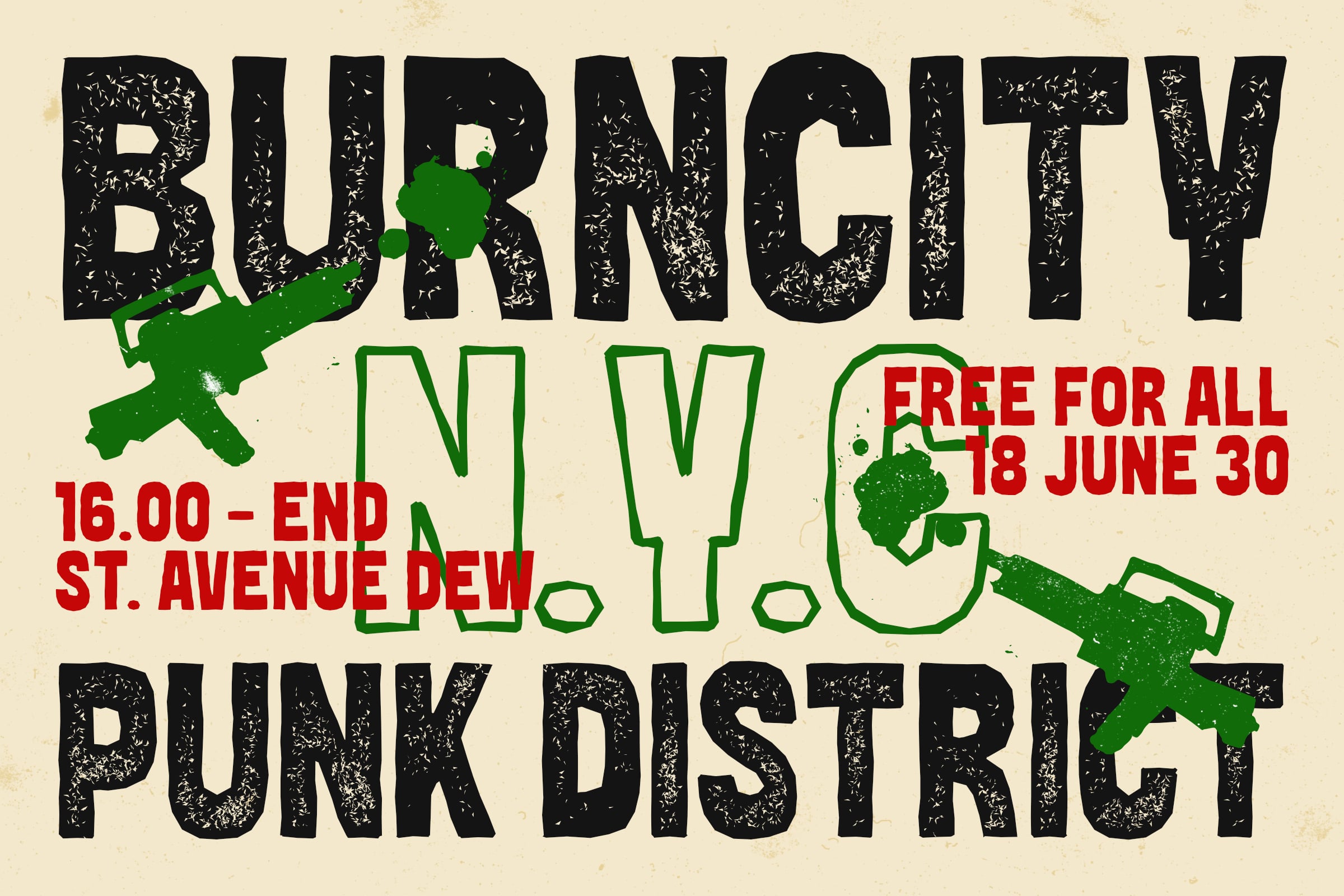 Burnout W.Y.U Punk Distract event poster with green figures on cream