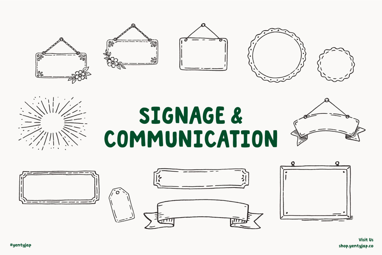 Sketched hanging signs, circular badges, ribbon banner, sunburst frame