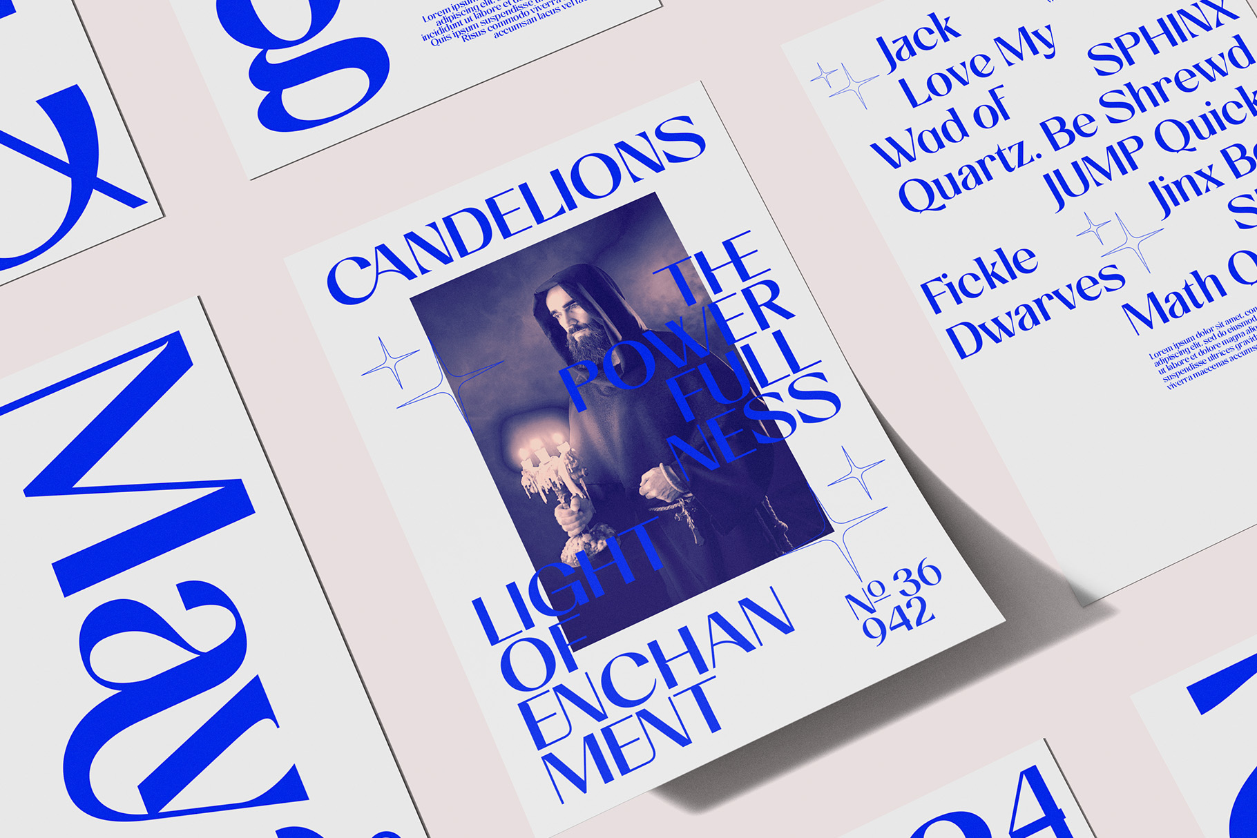 Bold blue typography scattered across magazine spreads with moody portrait photo