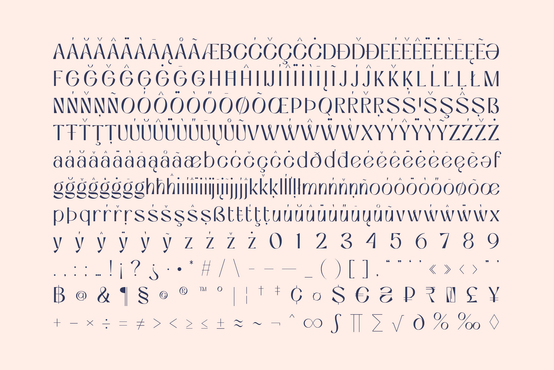 Elegant serif font character map showing uppercase, lowercase, numbers, accents, symbols on cream background