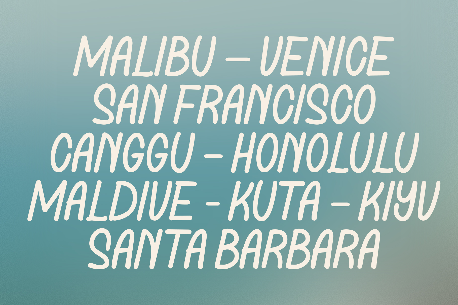 Cream italic text listing tropical destinations on soft blue gradient background
