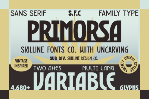 Primorsa vintage font family showcase with multicolored striped background design