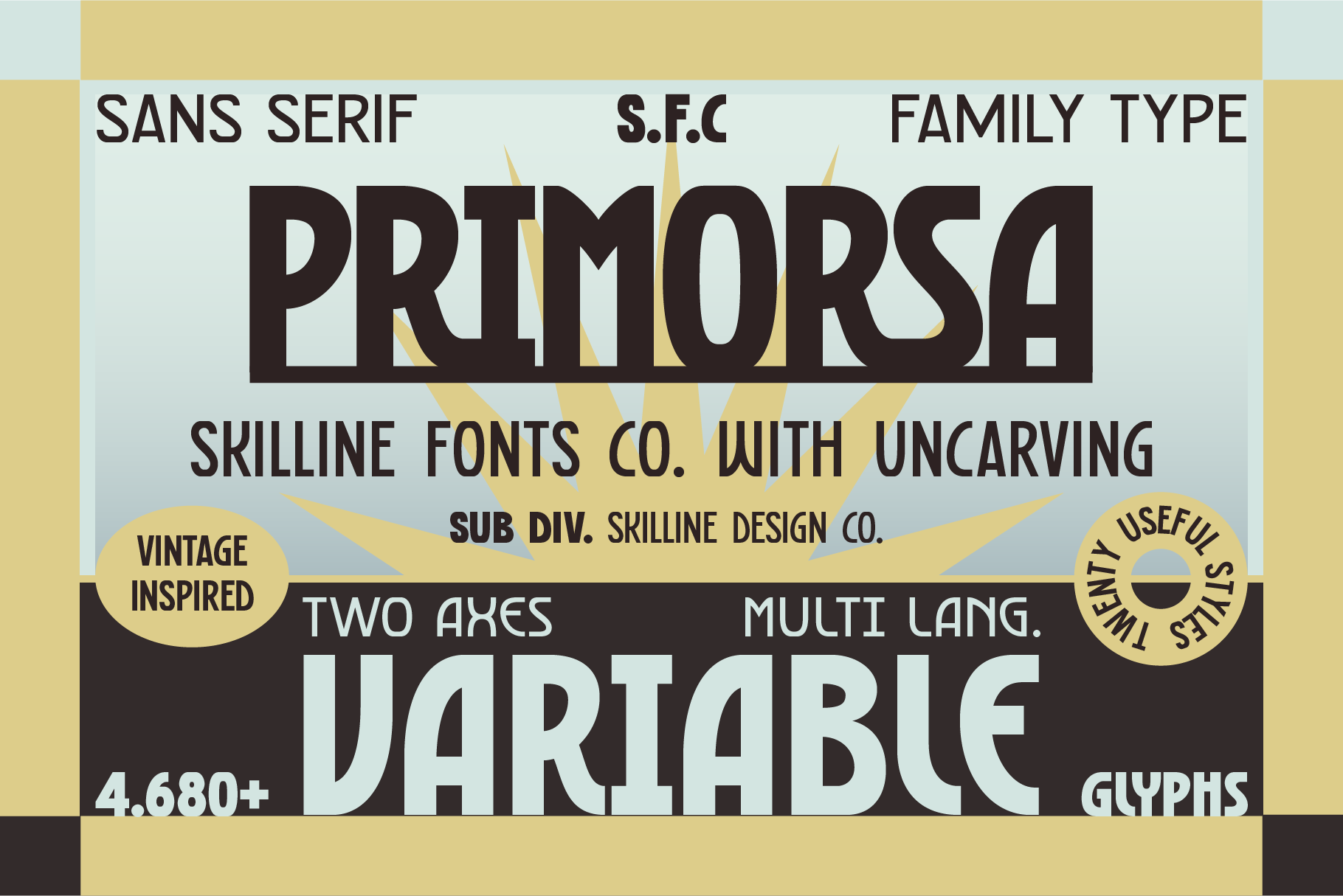 Primorsa vintage font family showcase with multicolored striped background design