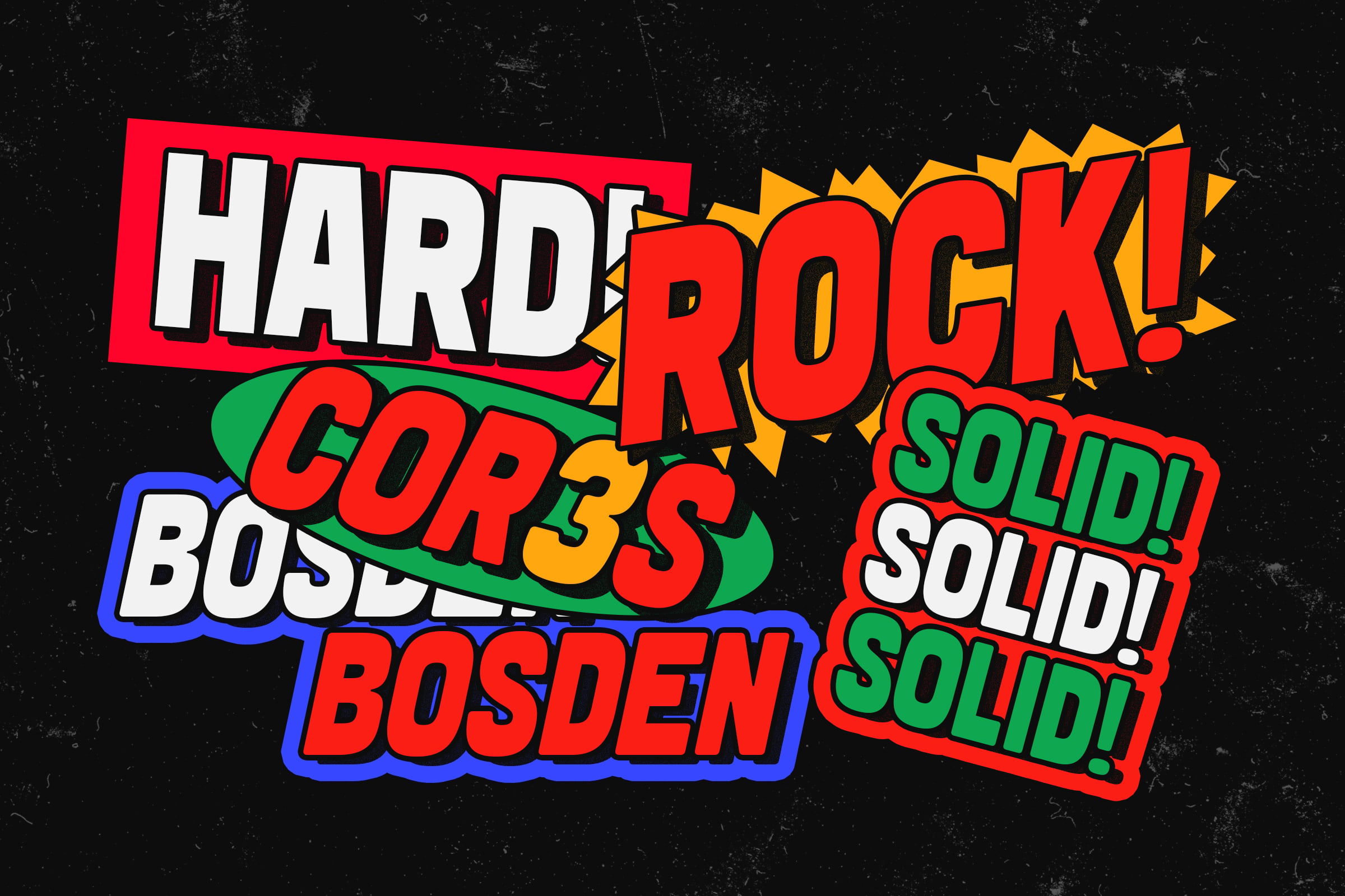 Comic-style text hard rock, boss, solidi in bright colors with explosion effect