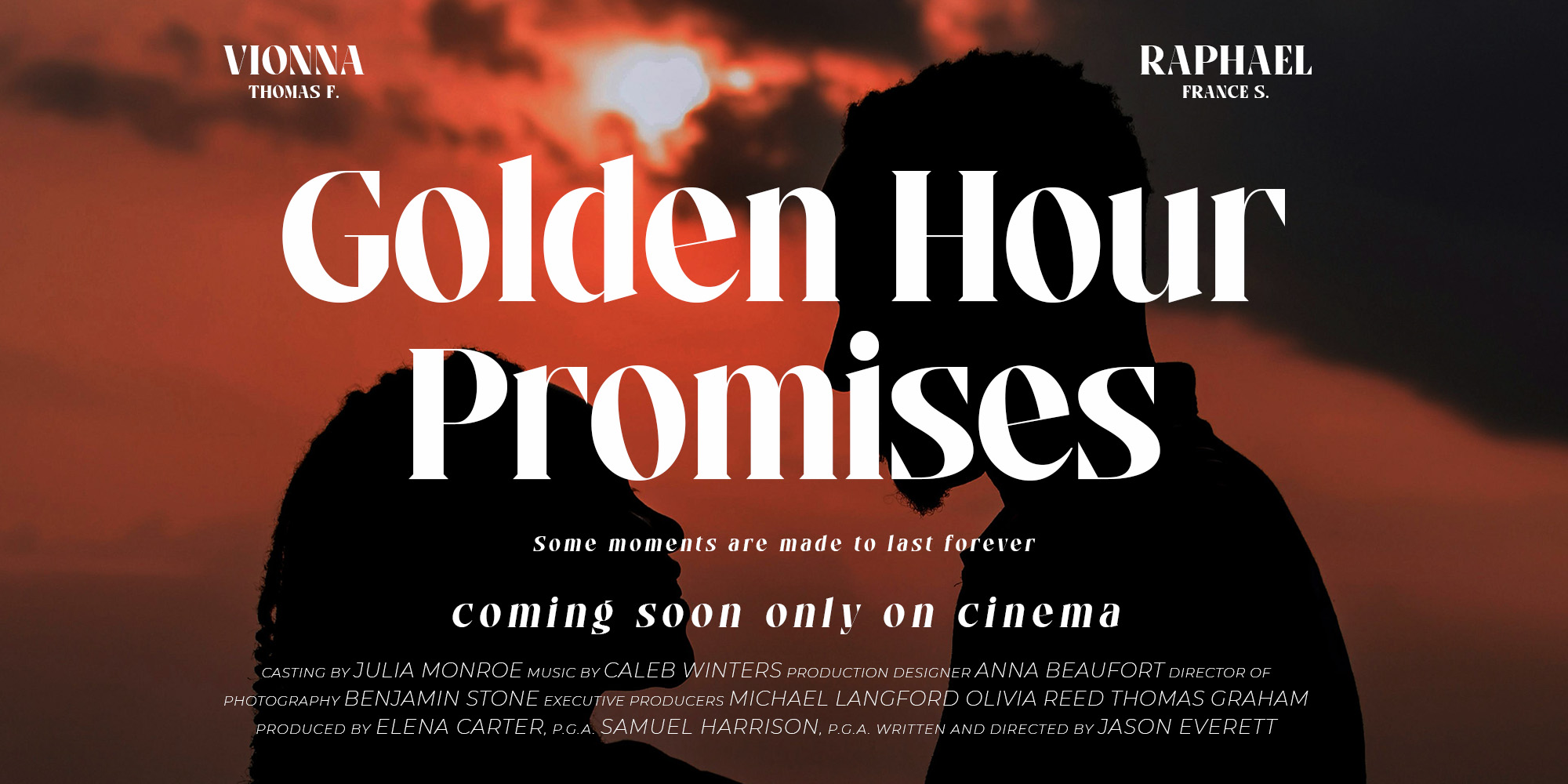 Golden Hour Promises movie poster with silhouetted couple against dramatic sunset sky