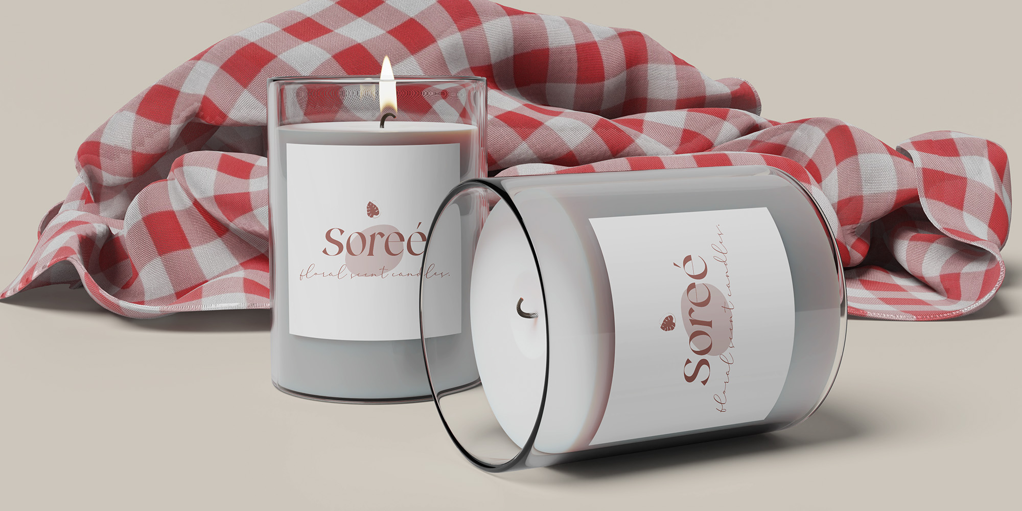 Soreé scented candle mockup with red checked fabric, two glass jar containers with labels