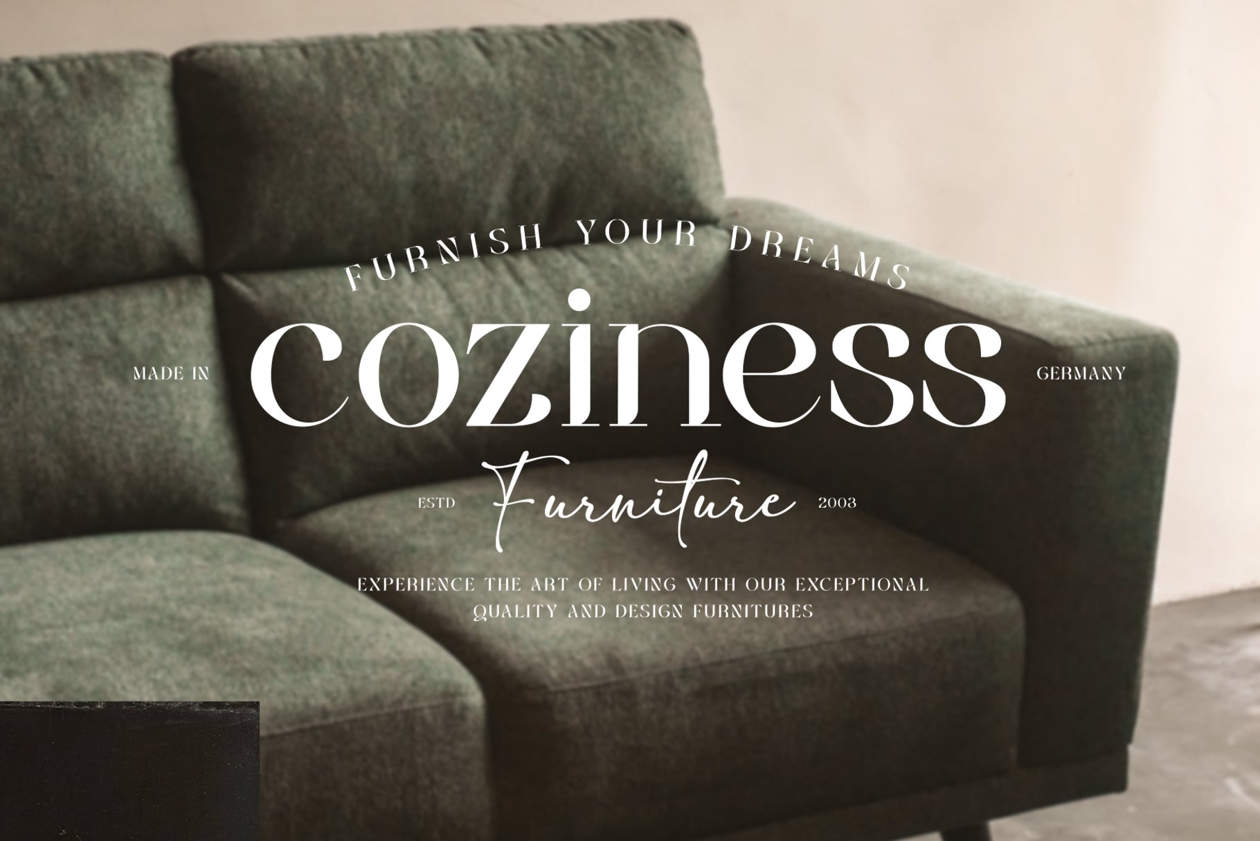 Coziness Furniture branding mockup overlaid on green upholstered armchair