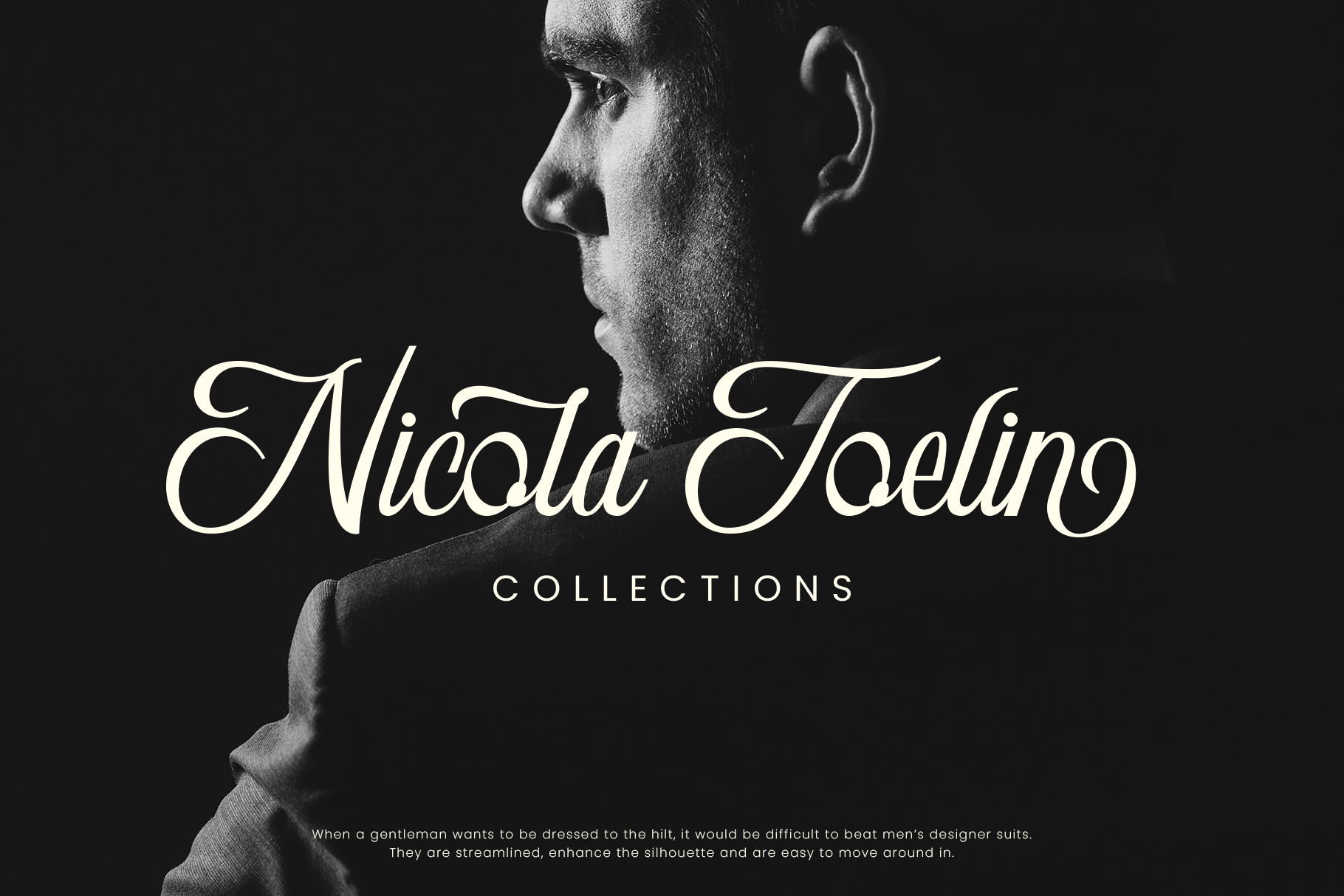 Nicola Toeling Collections script typography over black profile portrait