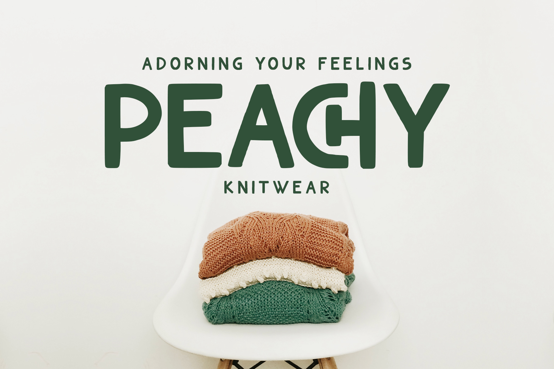 Stacked knit sweaters in rust, cream, green on white plate with Peachy Knitwear text overlay