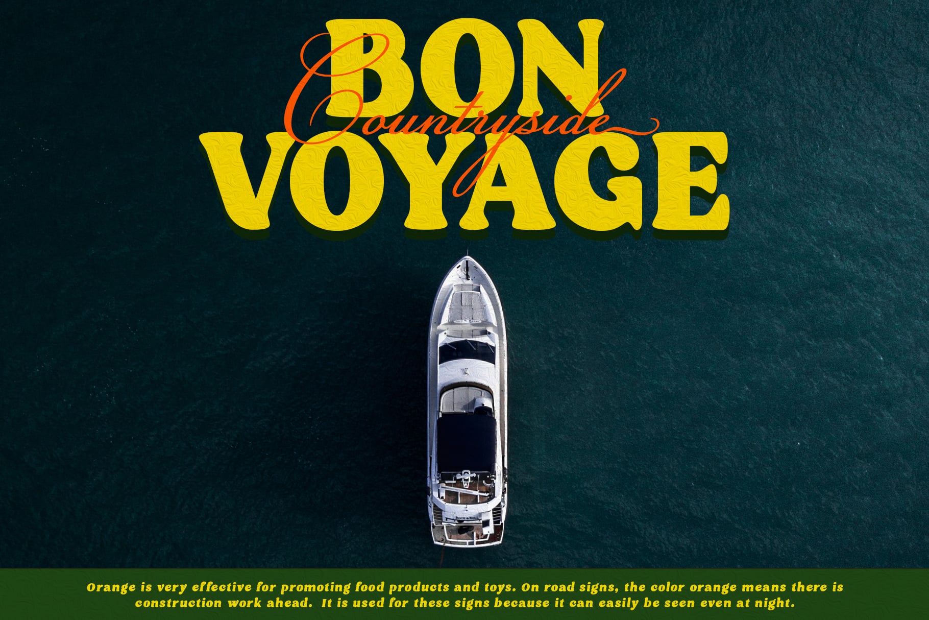 Overhead aerial of white speedboat on teal water with yellow Bon Voyage text