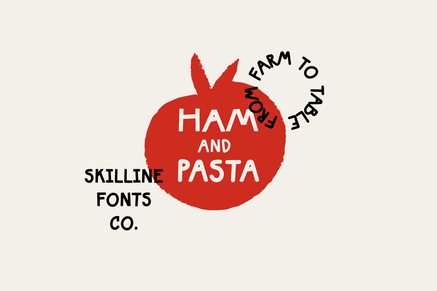 Red apple logo with white interior text reading Ham Pasta Farm To Table Skilline Fonts Co