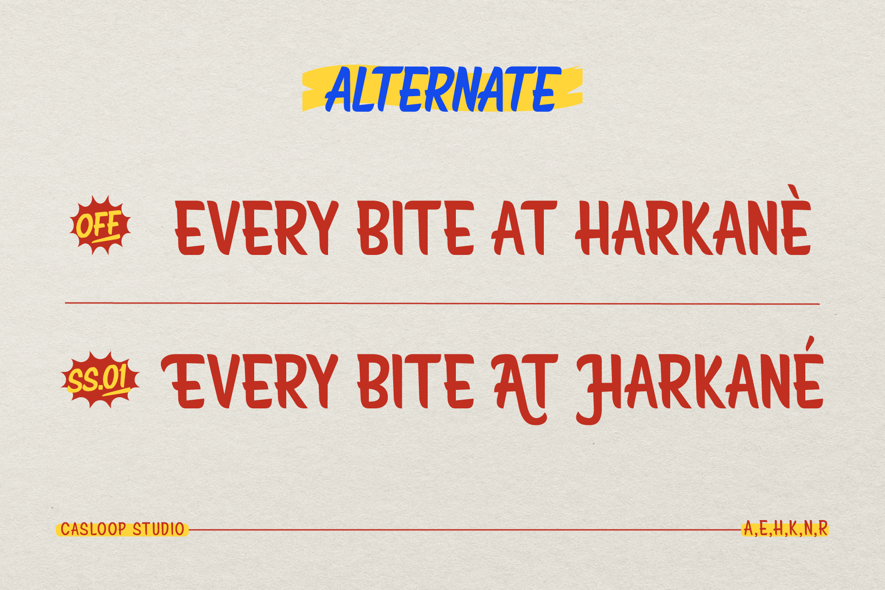 Retro typography showing word ALTERNATE with two versions of every bite at harkane text in red