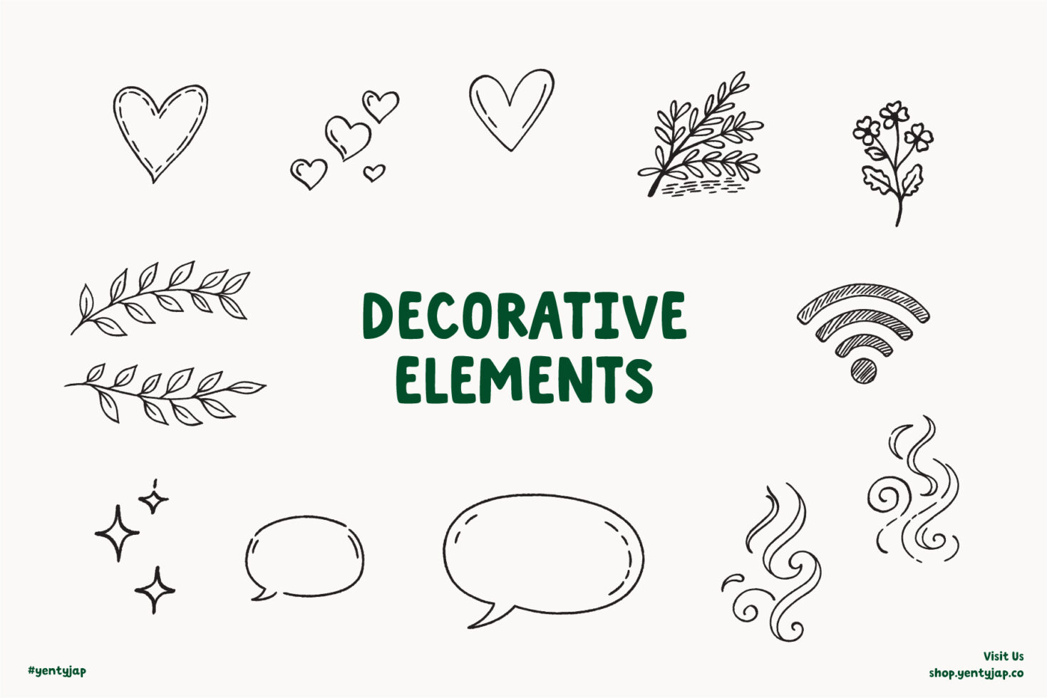 Line drawn hearts, flowers, leaf sprigs, speech bubbles, stars on cream