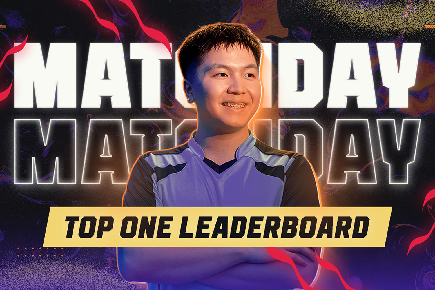 Match Day overlay with young gamer portrait, neon orange glow, Top One Leaderboard banner in yellow