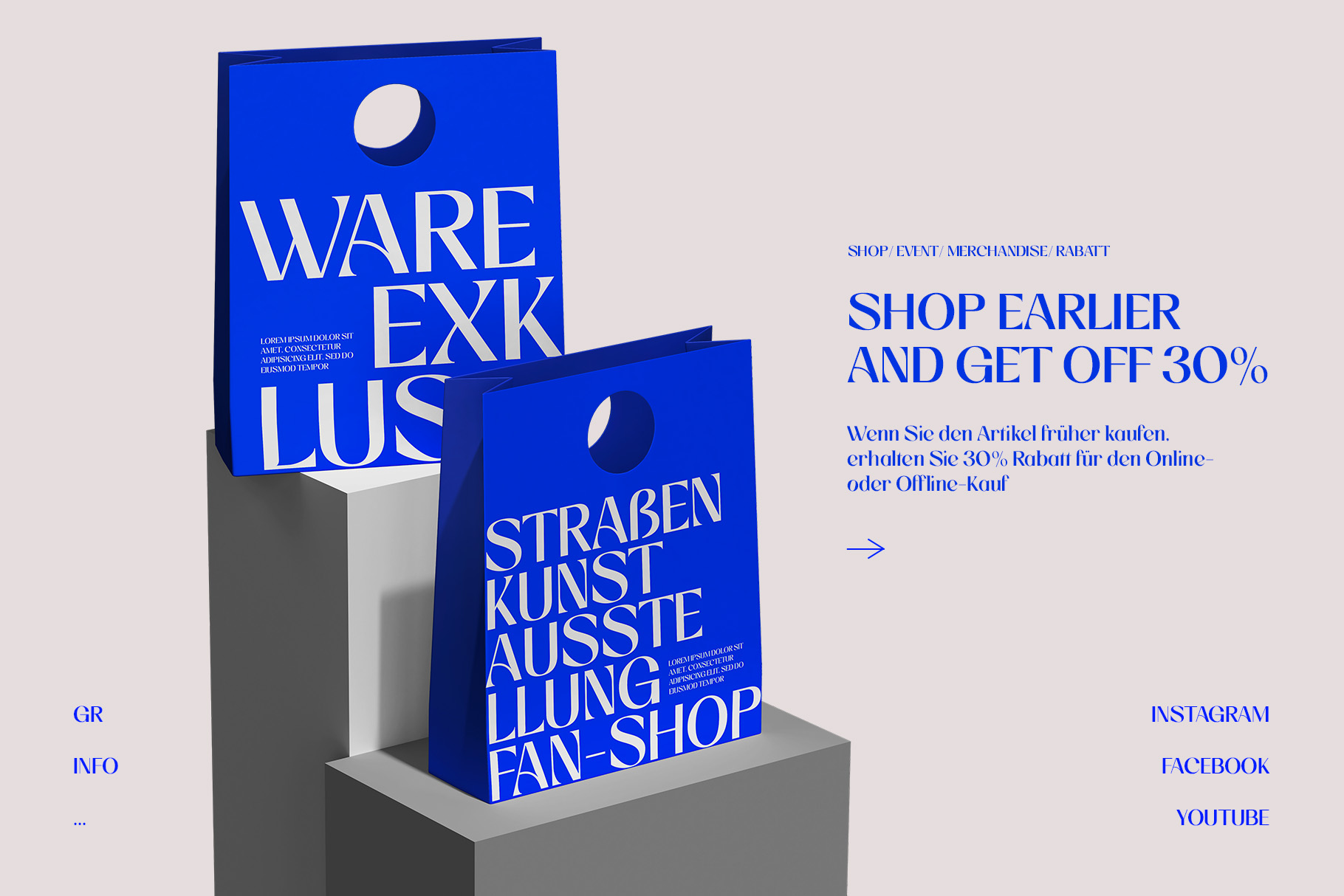 Bold blue shopping bags with white typography on concrete pedestals, German retail promo