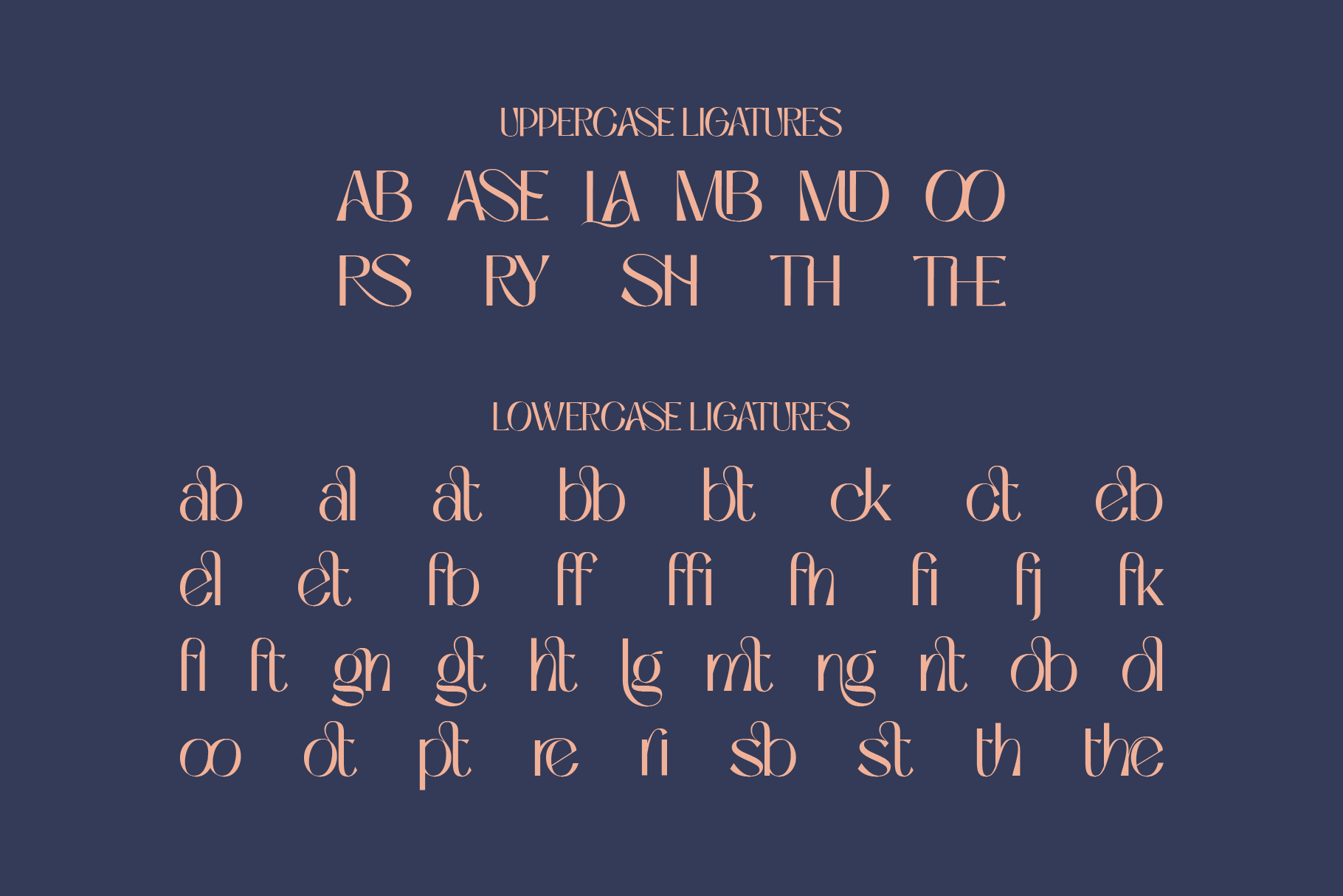 Elegant serif font ligatures in rose gold on deep blue background