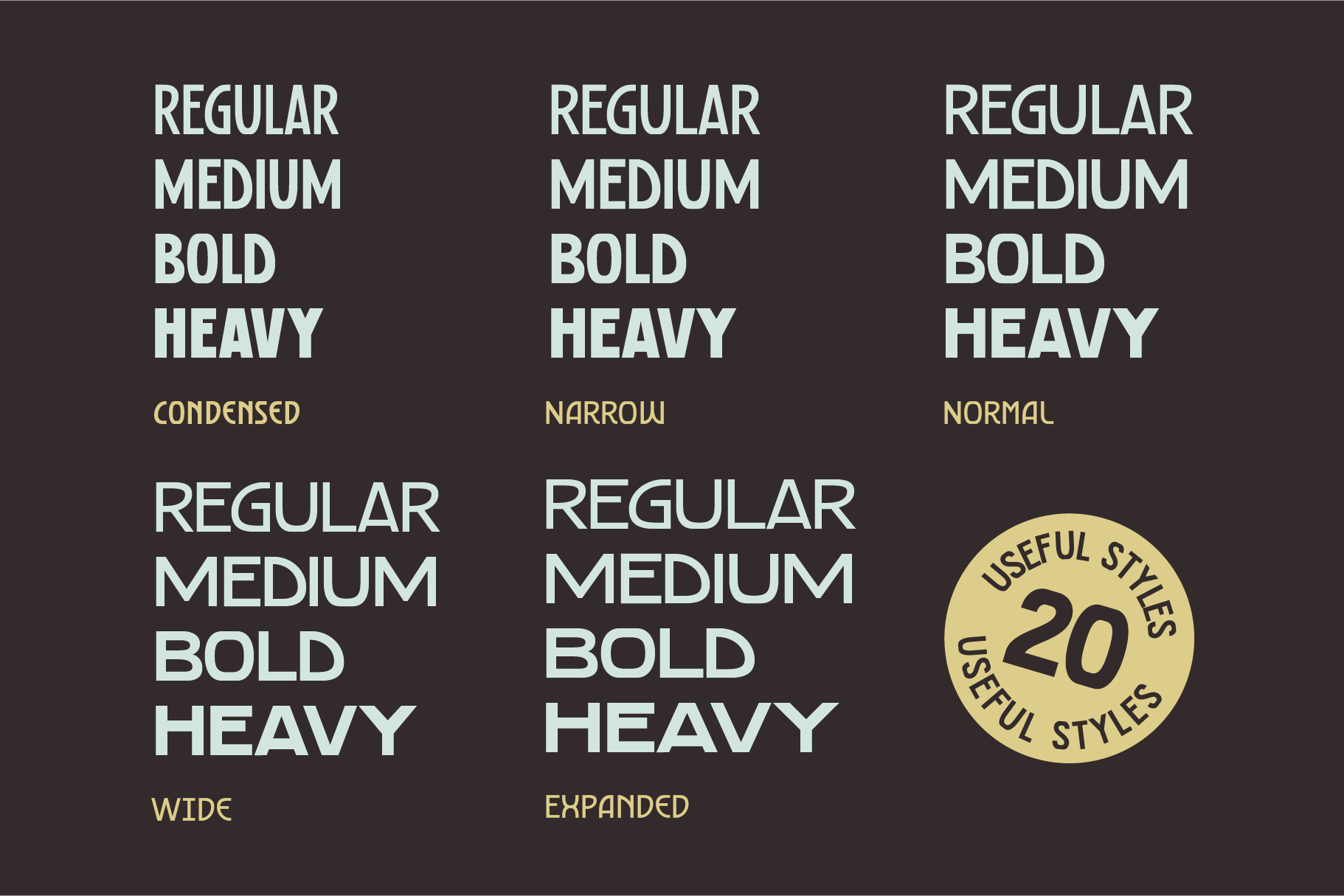 Font weights display showing condensed narrow normal wide expanded styles
