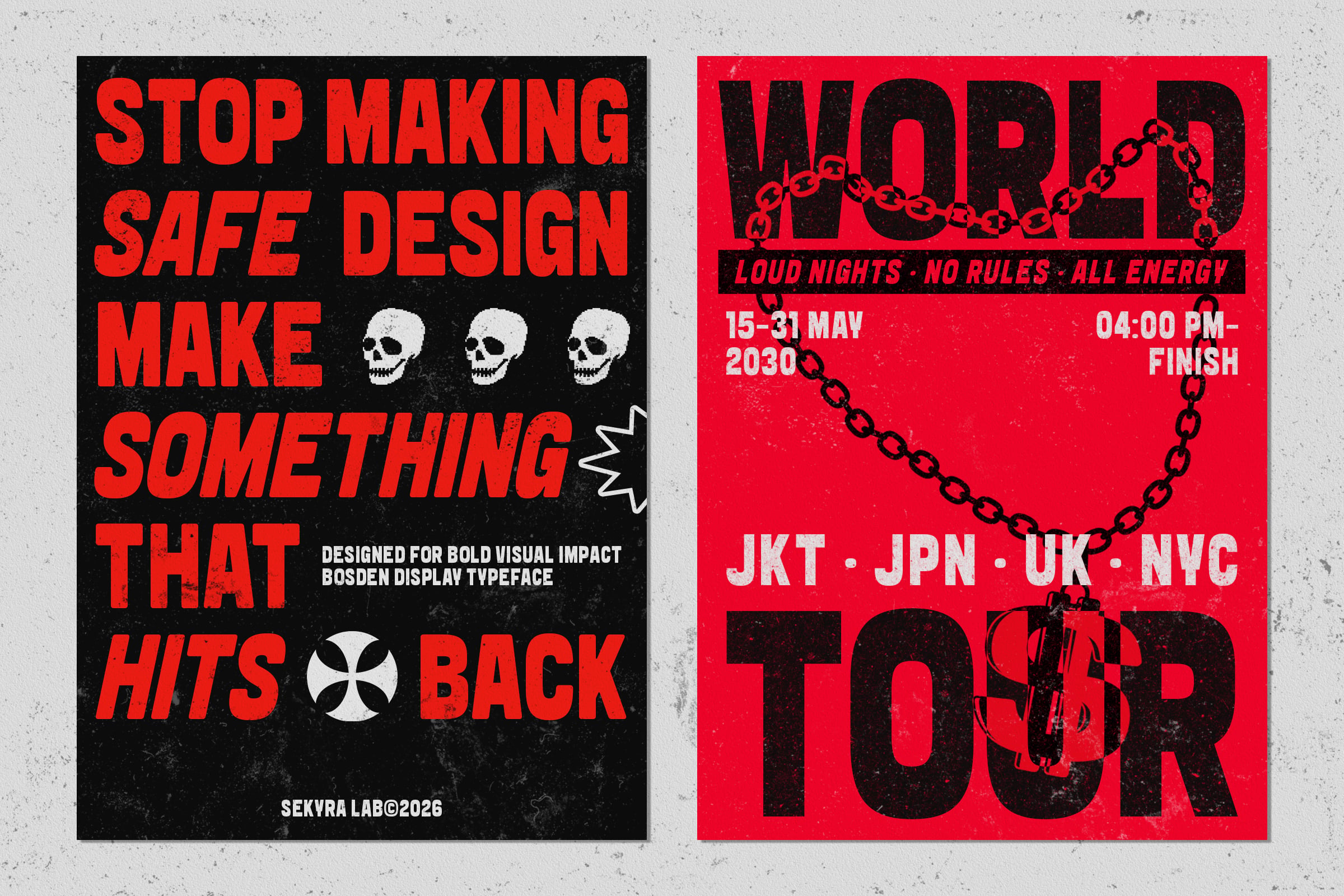 Two posters with red, black, skulls, chains, event dates, bold sans-serif display type