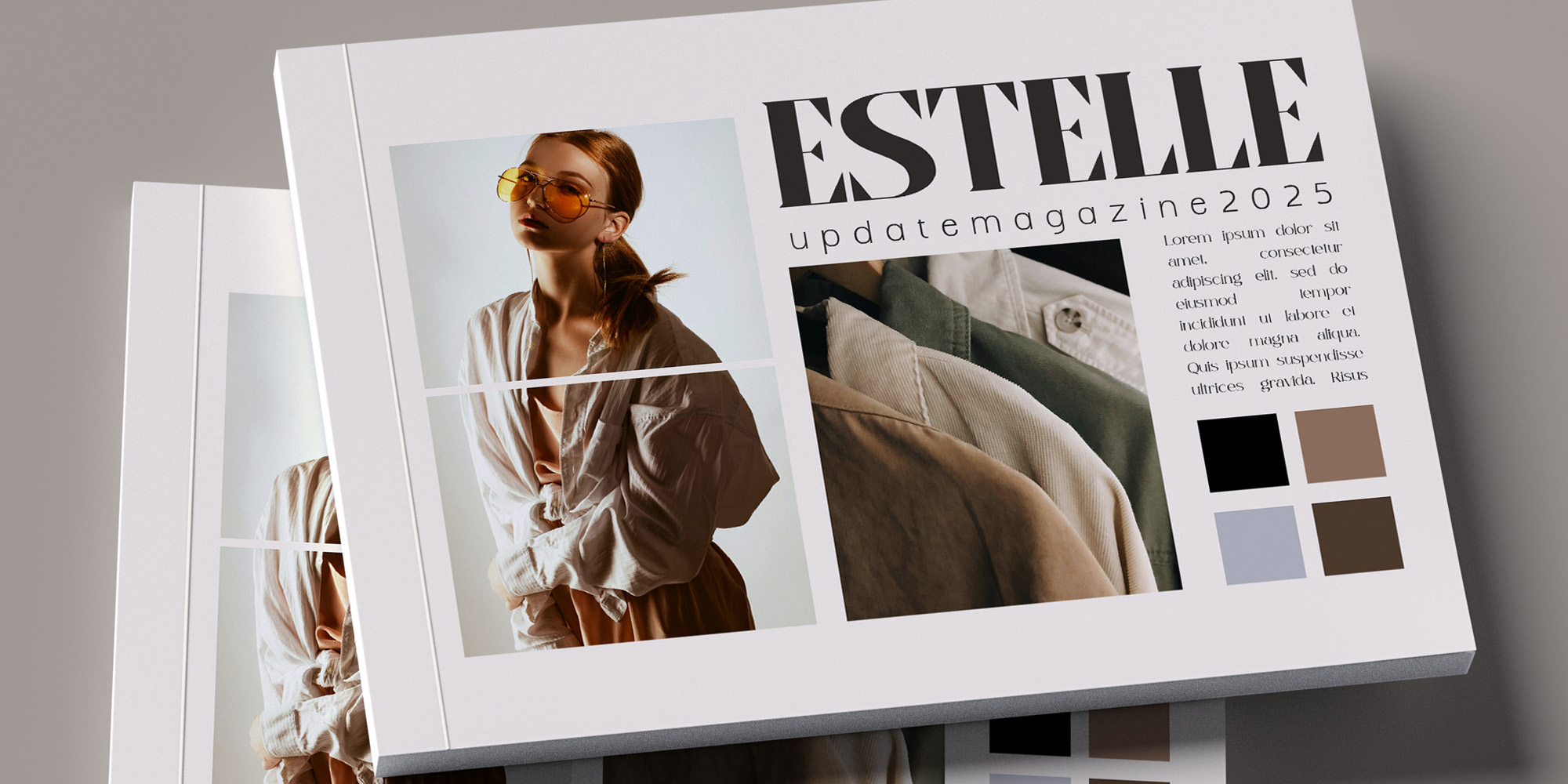 Estelle Update Magazine 2025 mockup showing fashion editorial layout with color swatches