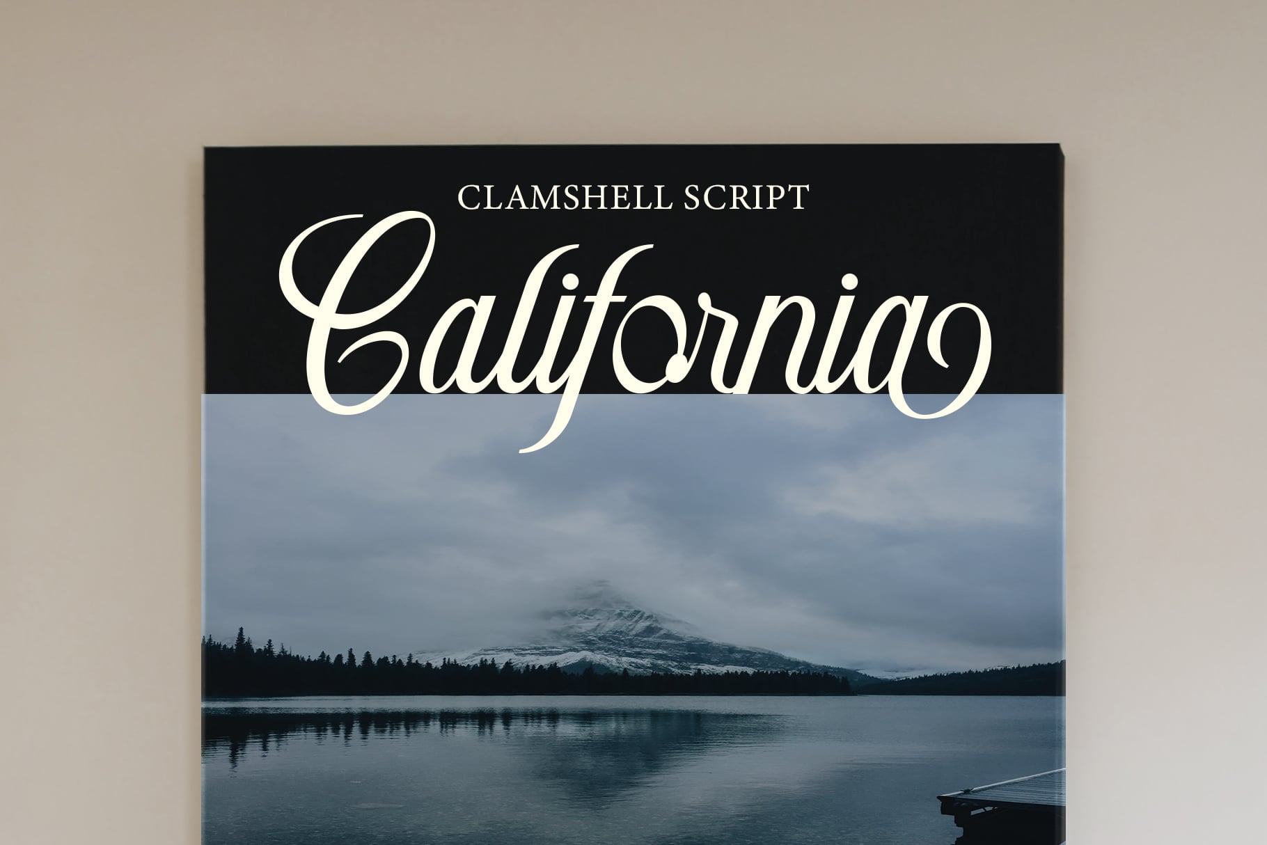 Caligornia in script font displayed on snowy mountain lake landscape