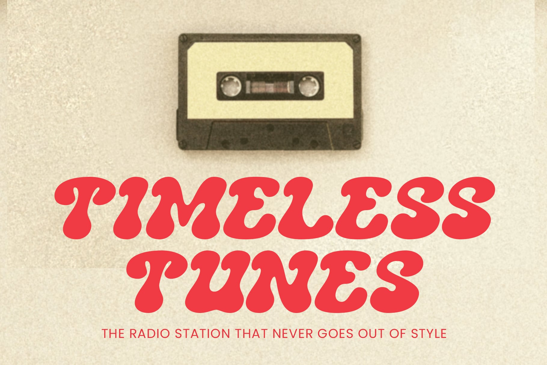 Timeless Tunes retro cassette tape mockup with red curved lettering