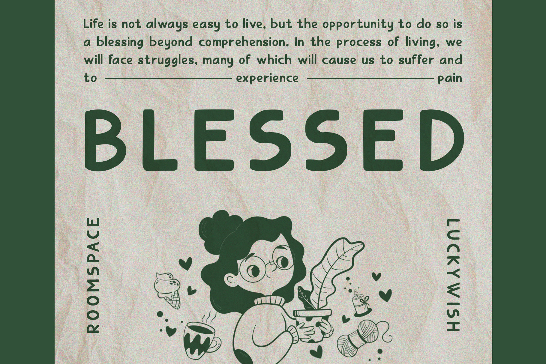 Blessed poster with illustrated girl surrounded by plants, coffee, yarn in green tones on cream paper