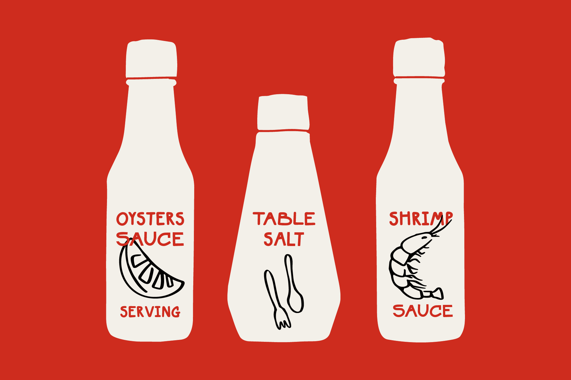 Three white sauce bottles with oysters, salt, shrimp labels on red background