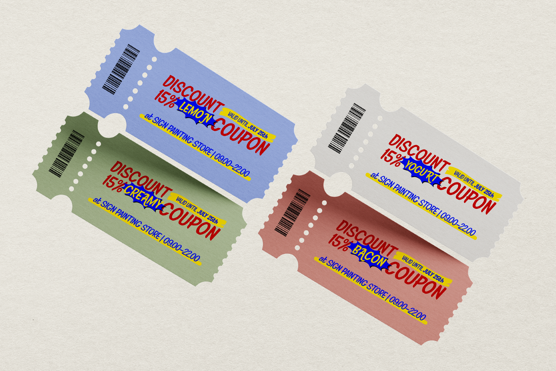 Four colorful die-cut coupon tickets in blue, green, gray, burgundy with discount offers for sign painting store
