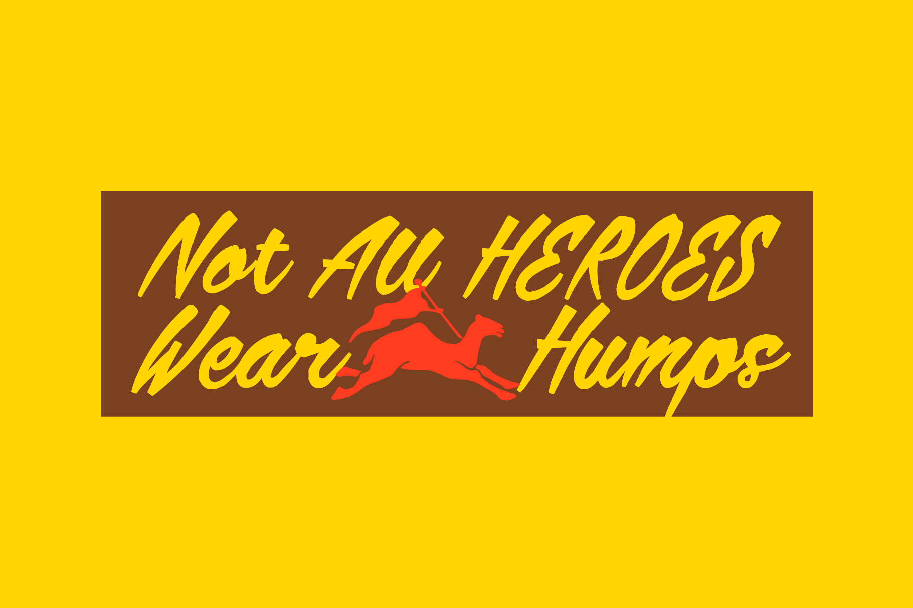 Retro superhero banner with yellow italic text on brown background, red flying figure silhouette in center