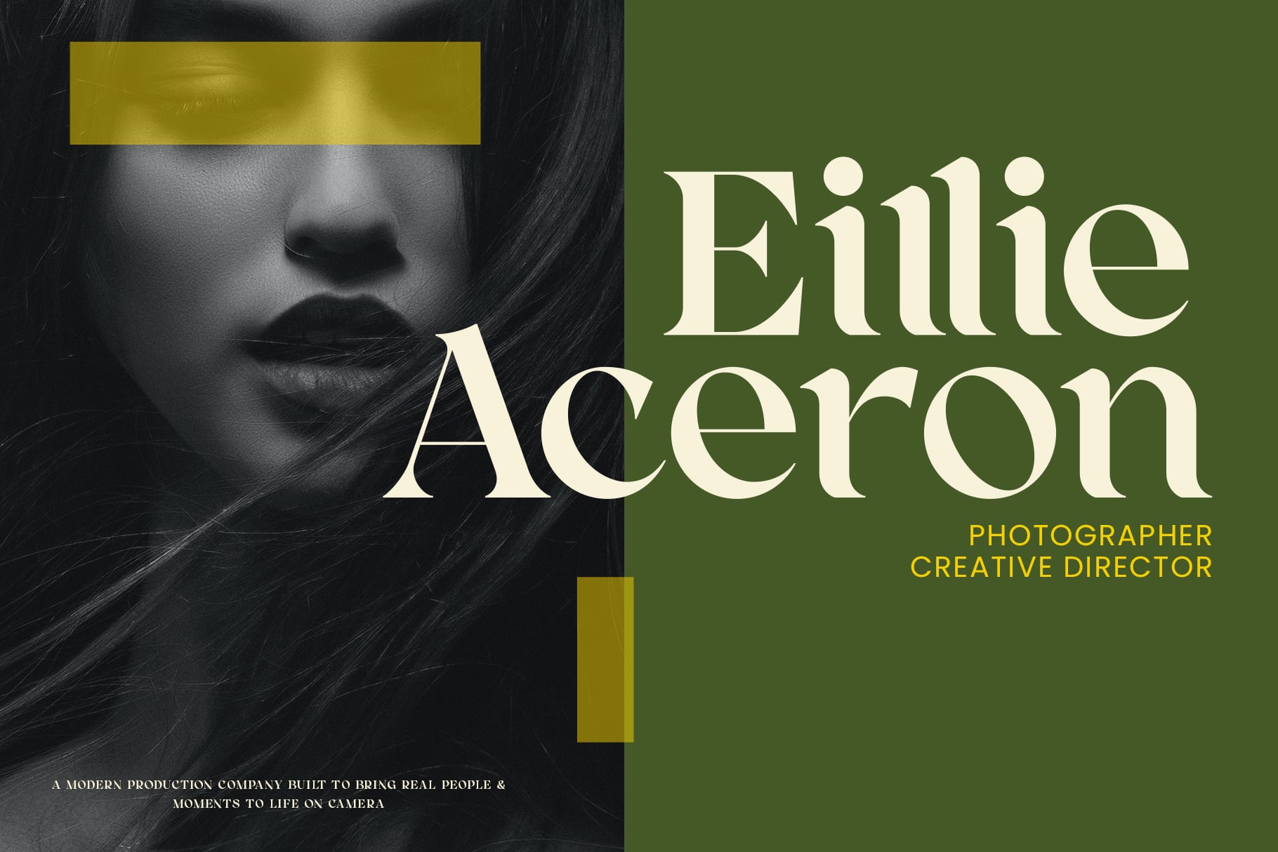 Split layout with monochrome portrait on left, cream text on green background right
