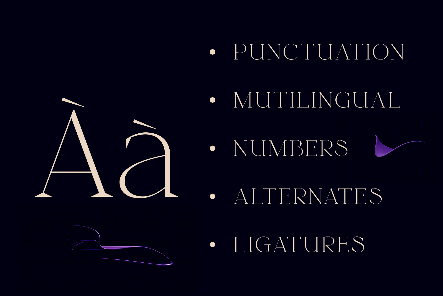 Font features list with punctuation multilingual numbers alternates ligatures plus decorative elements