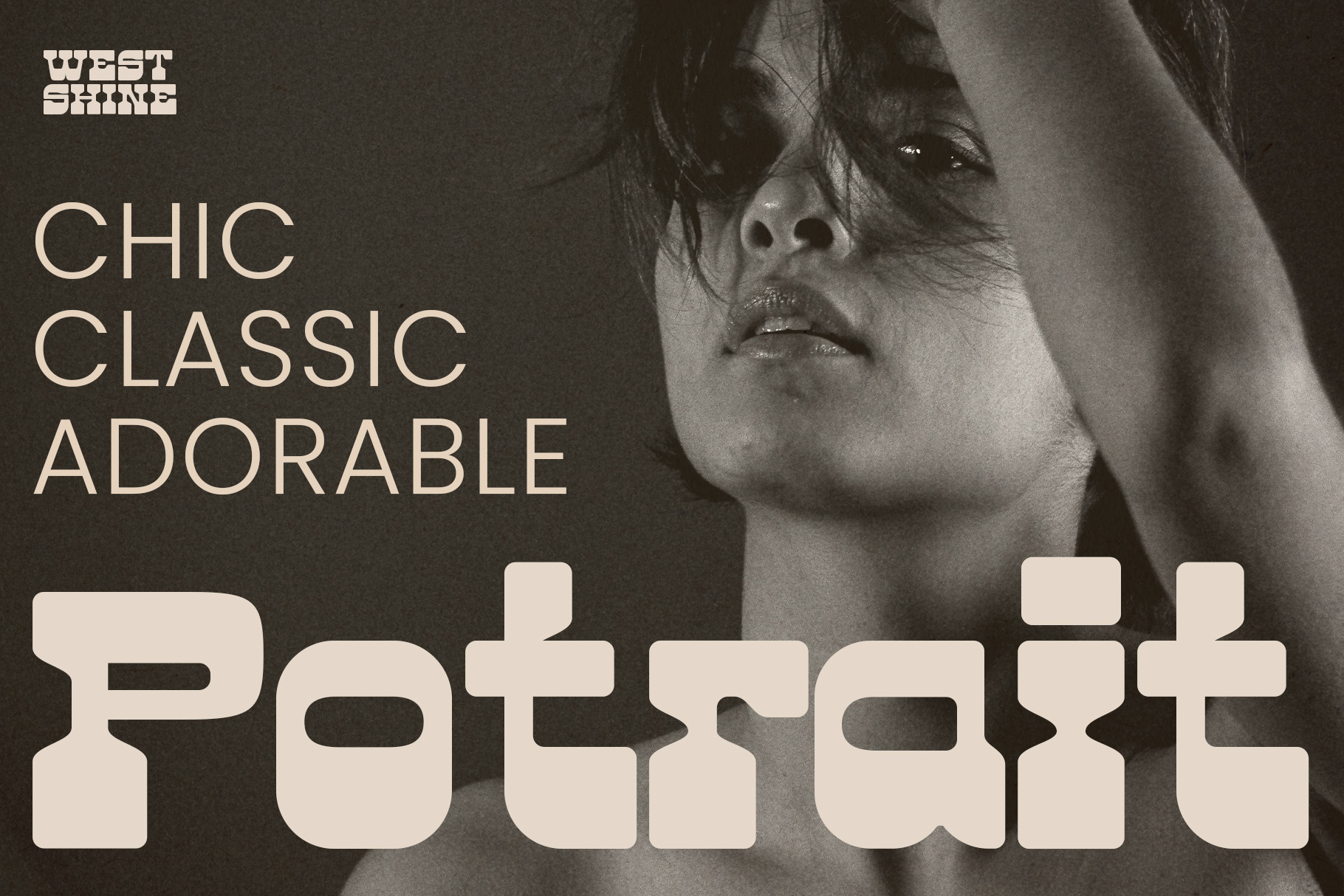 Black white portrait with overlaid cream typography, elegant layout design