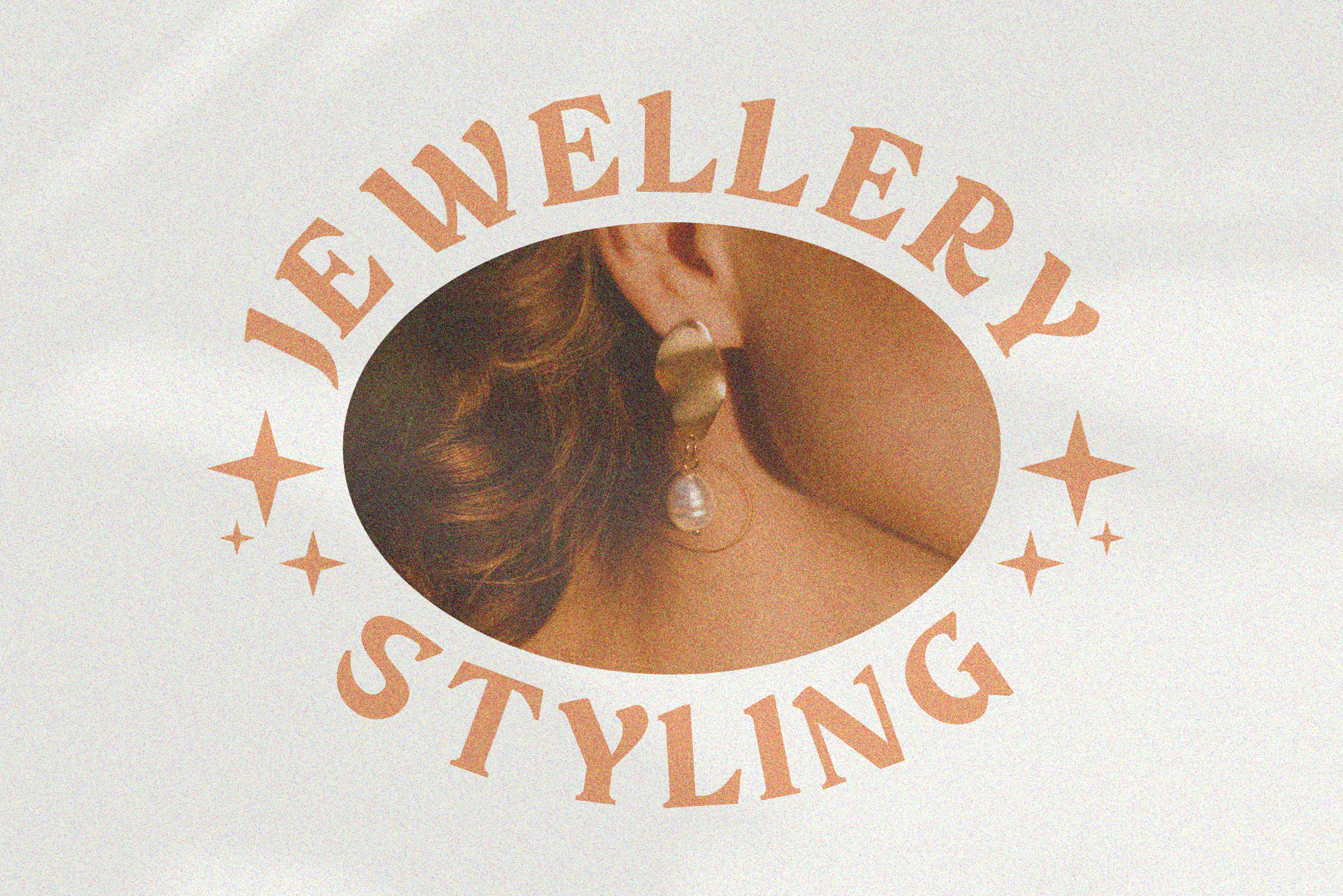Jewelry styling logo with woman wearing pearl earrings in oval frame surrounded by stars