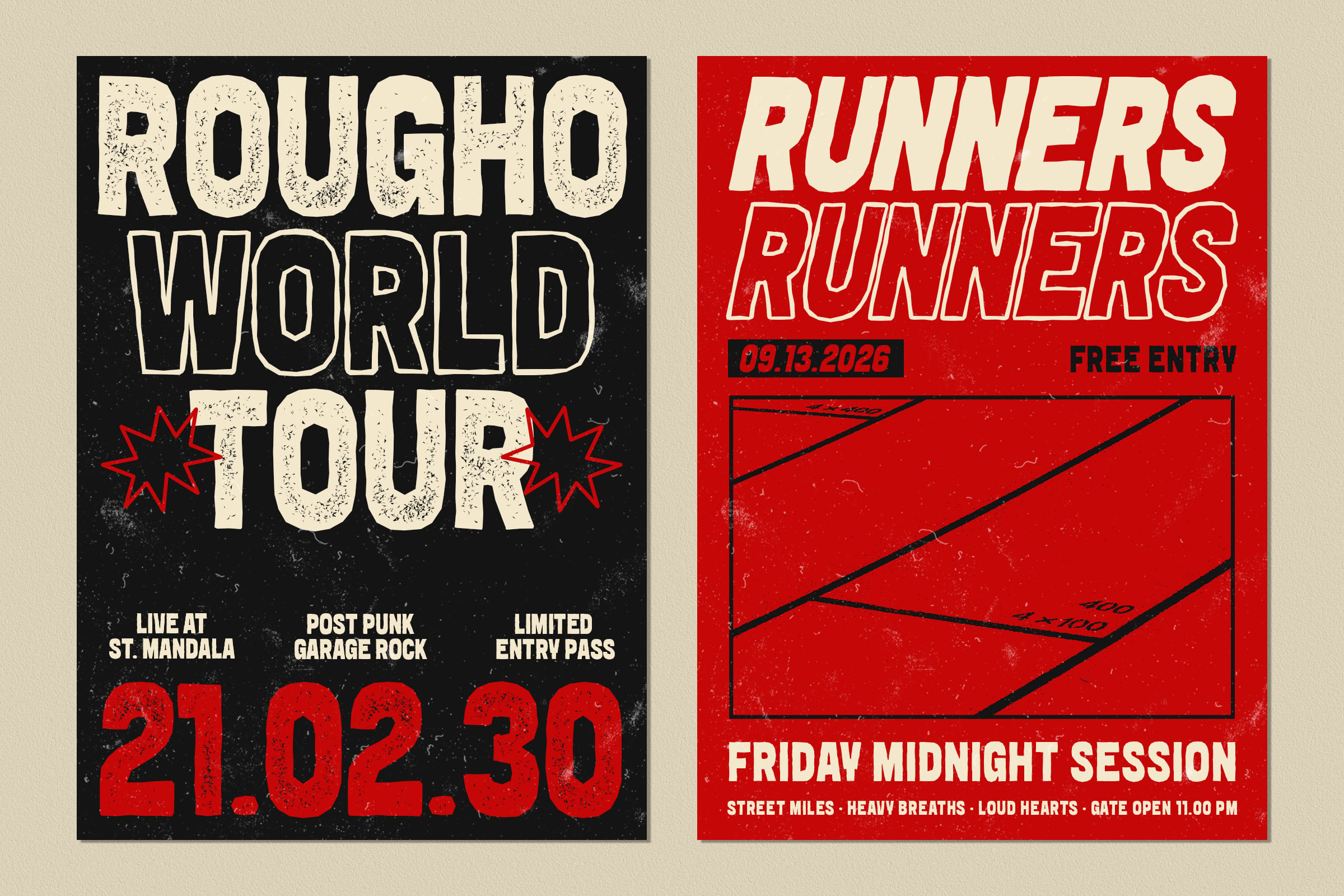 Vintage event posters with distressed Rougho typography in red color